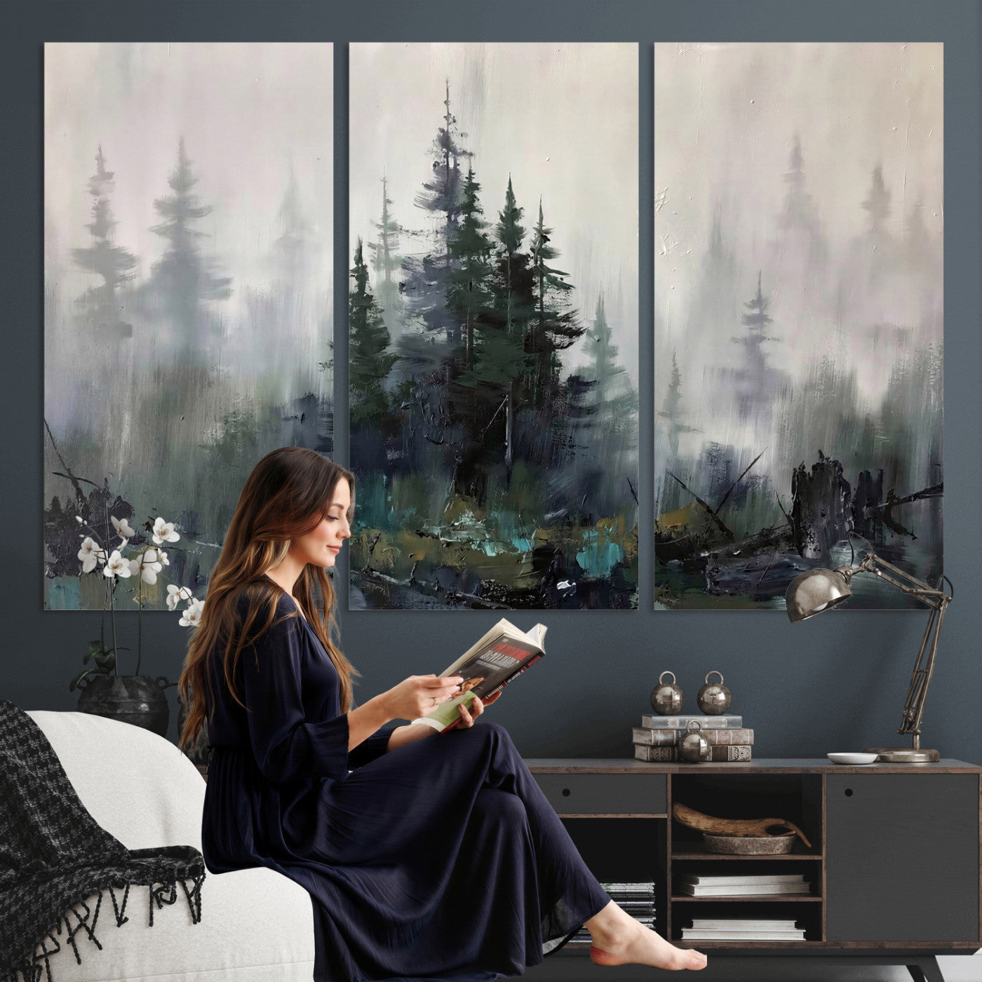 94143325-MGV-CV-36X24 - Misty Pine Forest Oil Painting Canvas — Dark Moody Teal Grey Tree Print | Japandi Scandinavian Wall Art | Minimalist Nature Decor Gift