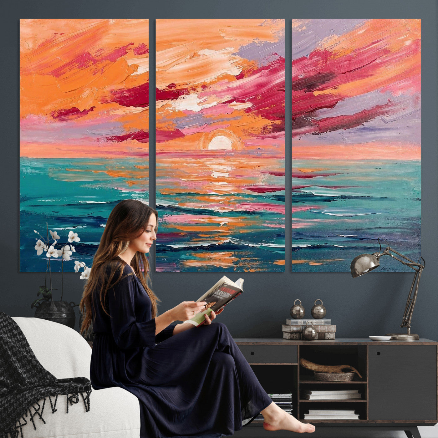 26763902-MGV-CV-36X24 - Bold Palette Knife Ocean Sunset Canvas — Orange Pink Teal Expressionist Sea Print | Colorful Coastal Wall Art | Vibrant Beach Decor Gift