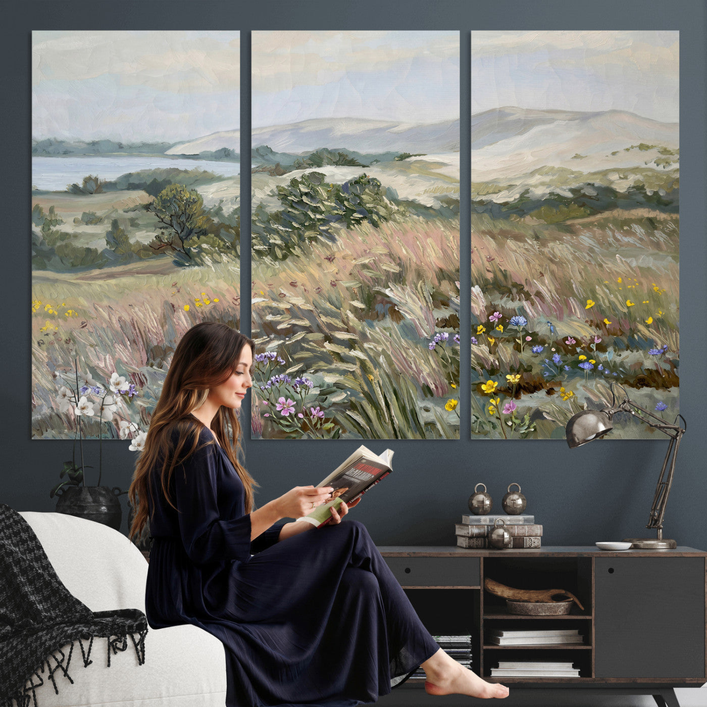 18013232-MGV-CV-36X24 - Katie Staples Hillside Canvas Wall Art — Coastal Wildflower Dune Oil Painting Print | Muted Green Nature Decor | Plein Air Landscape Gift