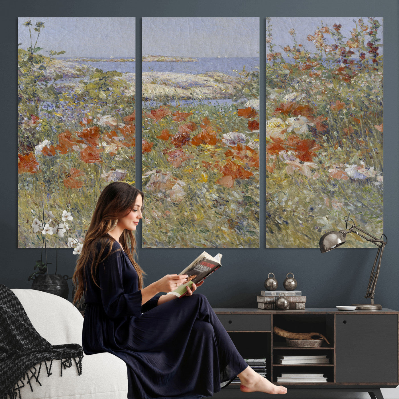 54770907-MGV-CV-36X24 - Childe Hassam Celia Thaxter Garden Canvas — 1890 American Impressionist Poppy Floral Print | Isles of Shoals Coastal Art | Classic Gift