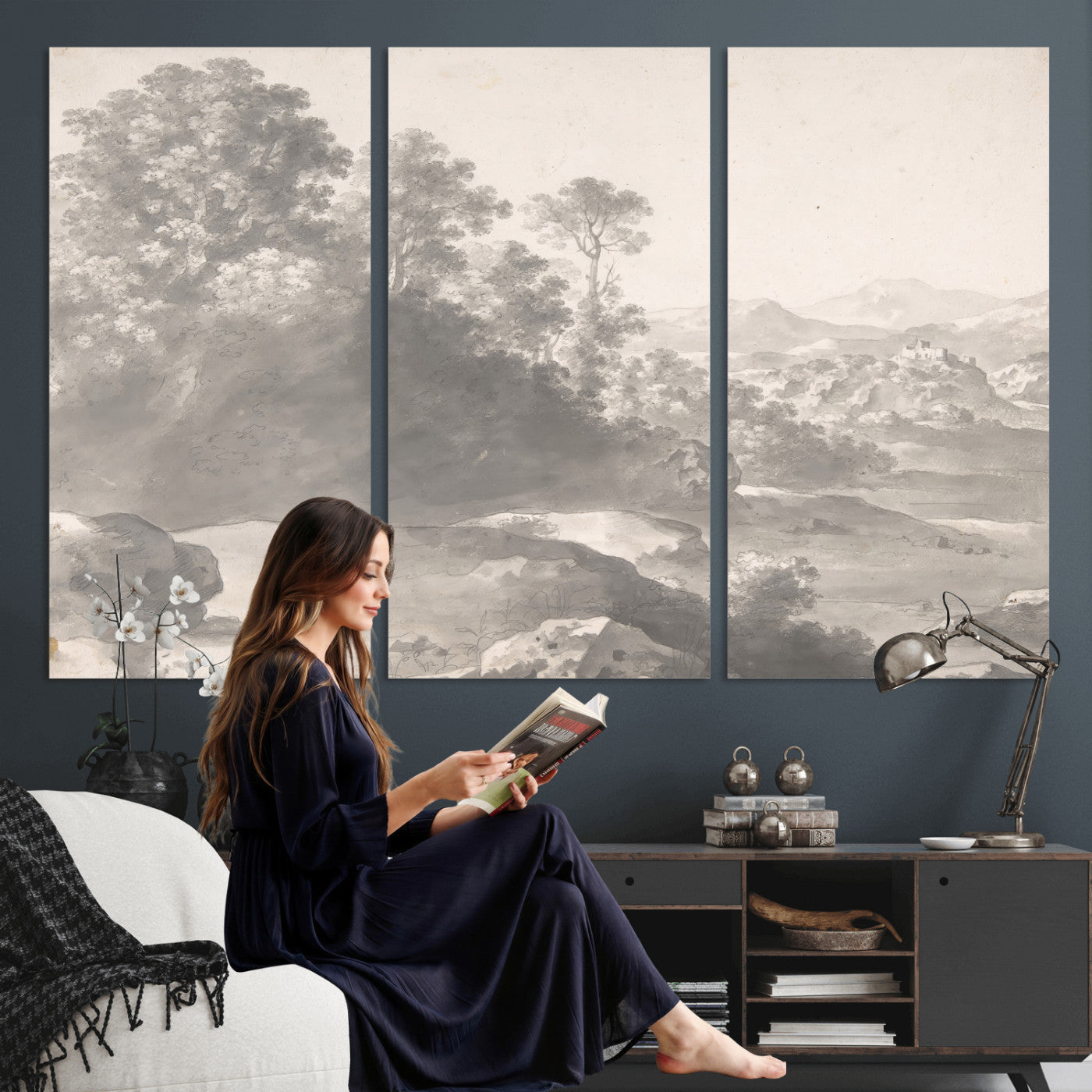 33041209-MGV-CV-36X24 - Van Poelenburch Landscape Canvas Wall Art — Dutch Golden Age Gray Wash Drawing Print | Baroque Italianate Nature Decor | Old Master Classic Gift