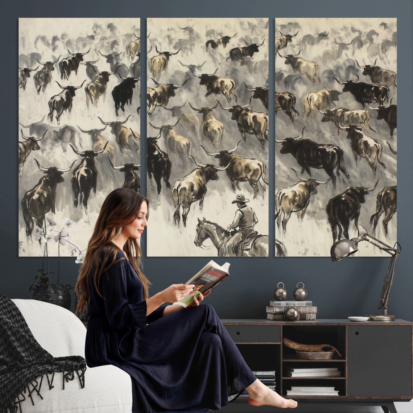 48049876-MGV-CV-36X24 - Cowboy Cattle Drive Canvas Wall Art, Western Longhorn Herd Ink Painting Print, Ranch Rodeo Decor, Black White Western Art, Large Living Room Art