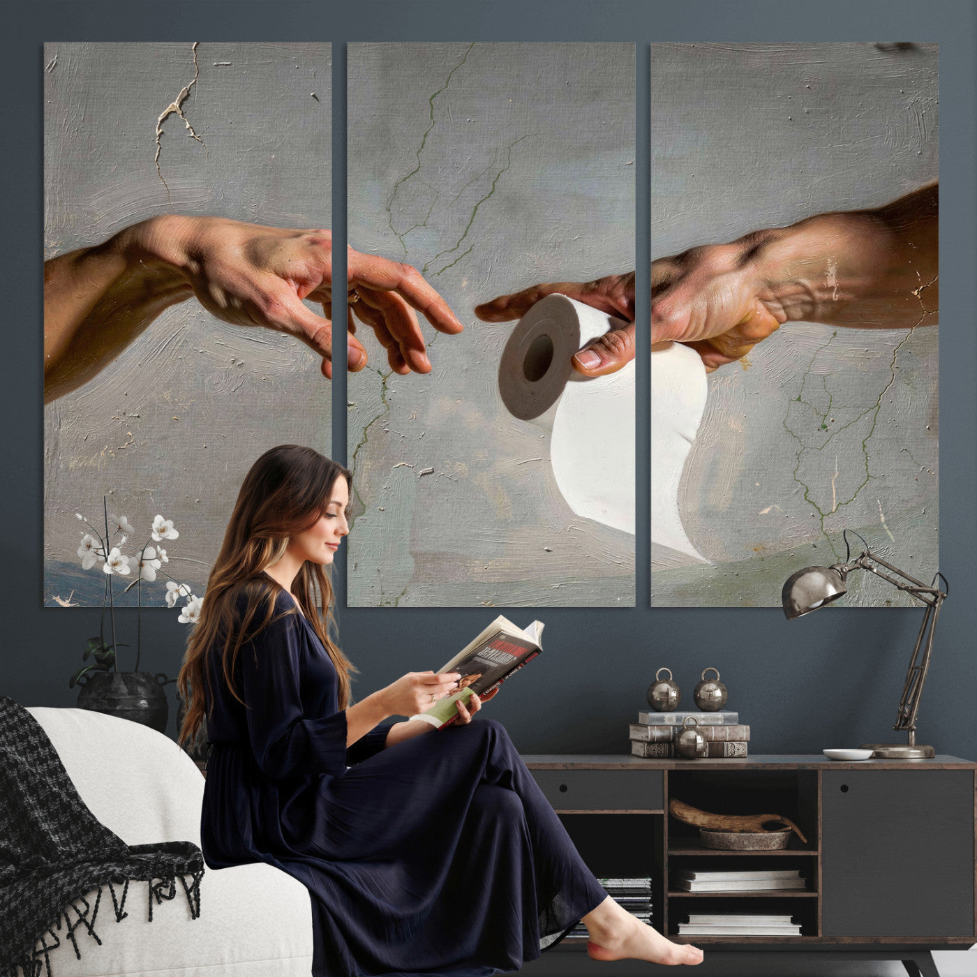 72030048-MGV-CV-36X24 - Funny Bathroom Wall Art Canvas, Creation of Toilet Paper Parody Print, Renaissance Humor Decor, Toilet Room Art, Quirky Housewarming Gift, Classic Art Spoof