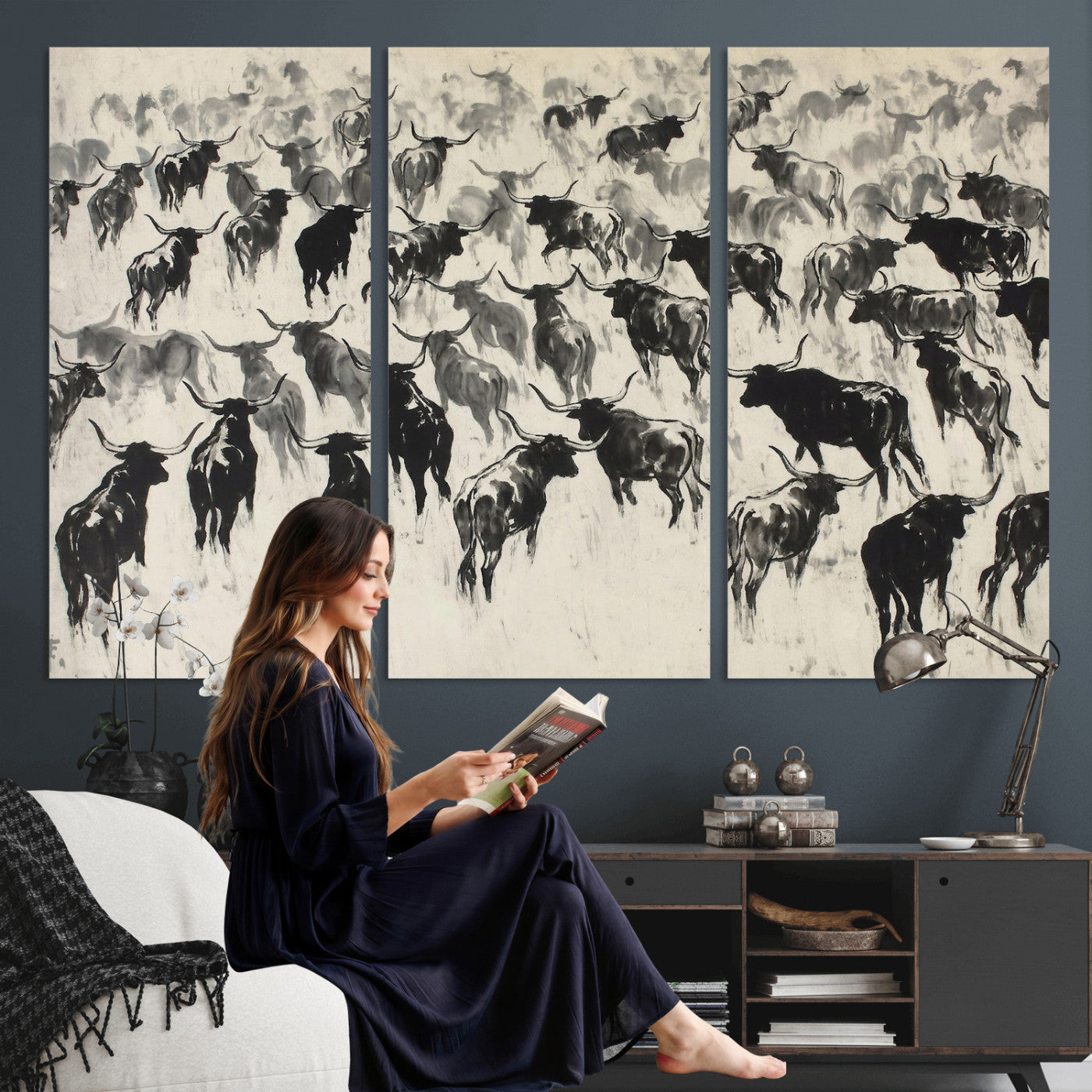 68669792-MGV-CV-36X24 - Longhorn Cattle Canvas Wall Art, Black White Stampede Ink Painting Print, Western Farmhouse Decor, Bull Herd Art, Large Living Room Wall Art, Ranch Home Decor