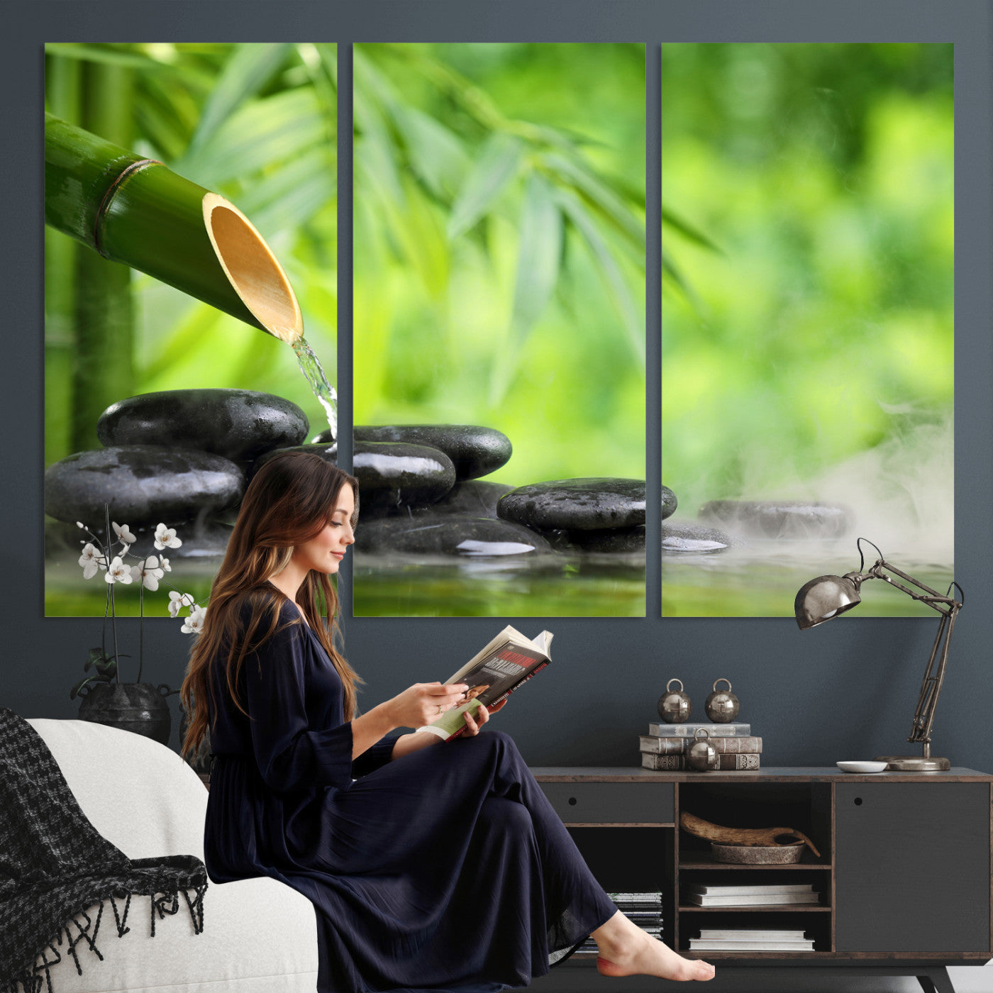 26961320-MGV-CV-36X24 - Bamboo Water Flow Black Stone Canvas | Zen Spa Nature Photography Print | Green Mist Japanese Garden Wall Art | Tranquil Decor
