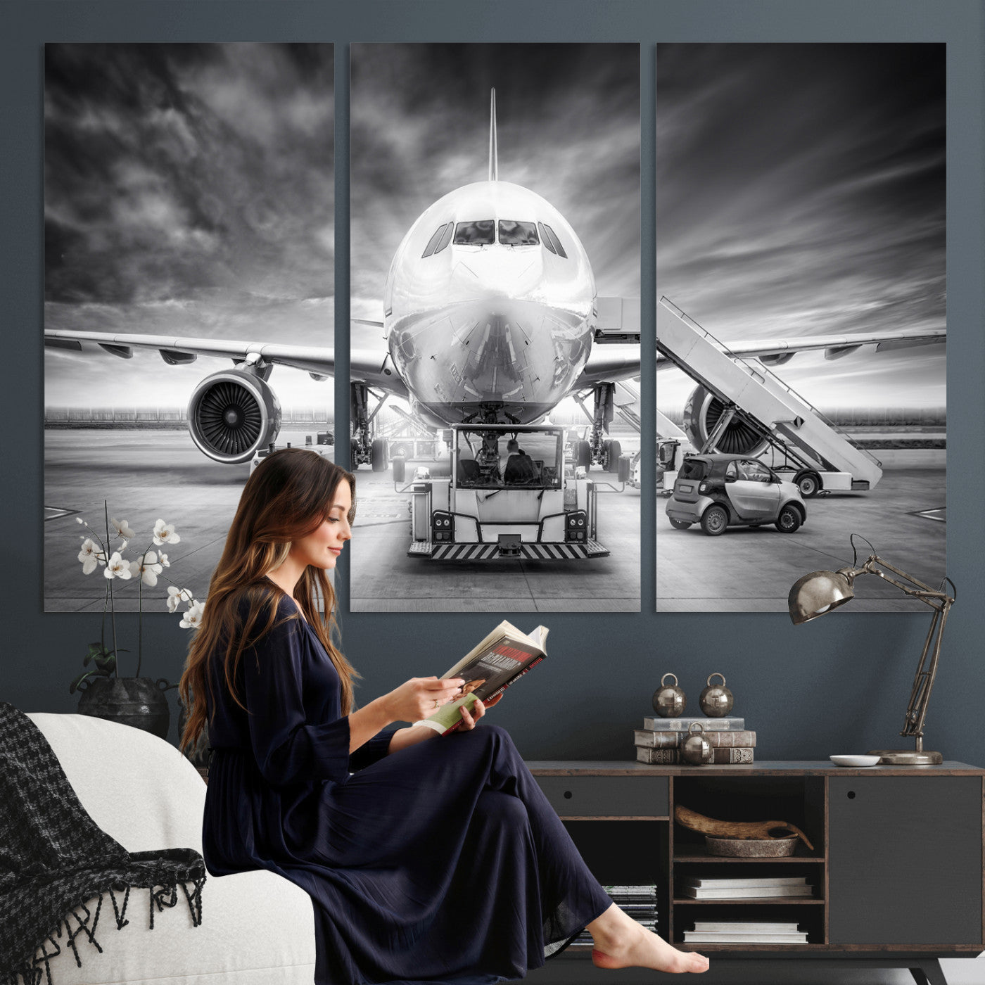 85885848-MGV-CV-36X24 - Airplane Wall Art Canvas Print, Black and White Jet Aircraft Airport Runway Framed Aviation Artwork for Pilot Office Hangar Travel Decor