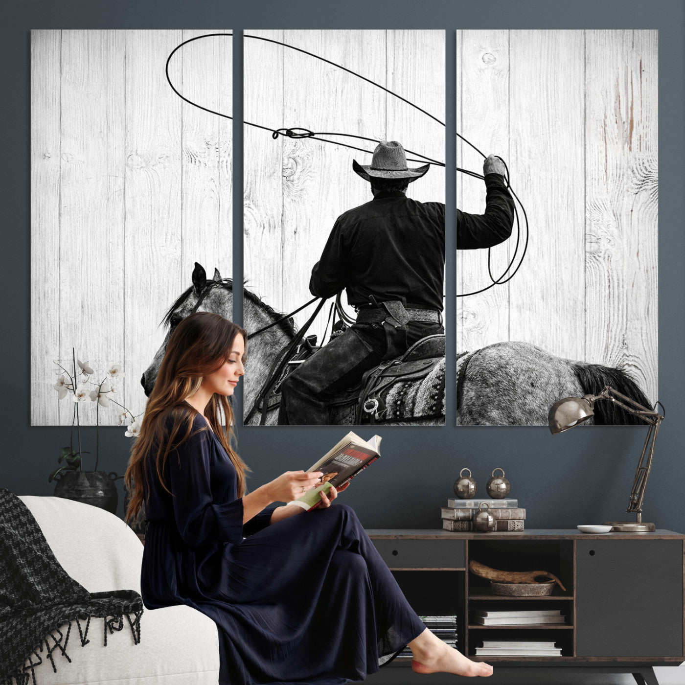 22569358-MGV-CV-36X24 - Cowboy Lasso Canvas Wall Art, Black White Western Horse Photo Print, Rustic Ranch Rodeo Decor, Farmhouse Western Art, Cowboy Gift for Him