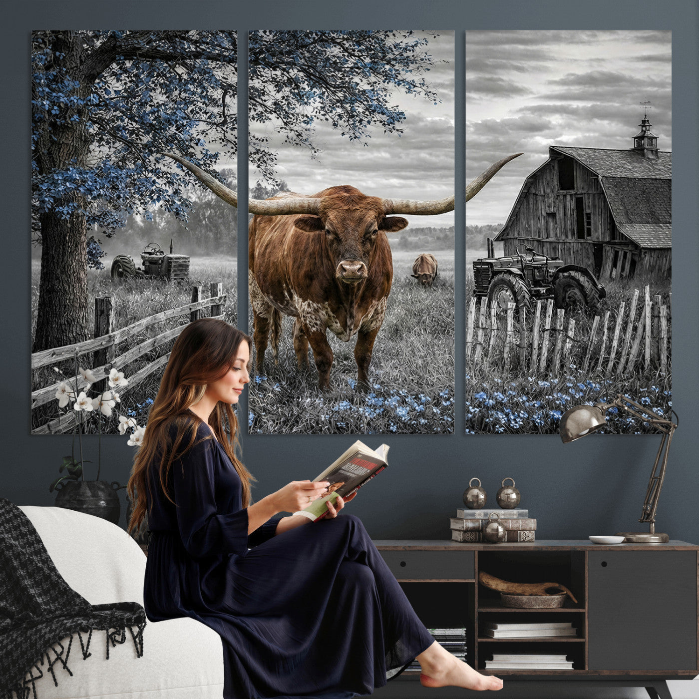 19366343-MGV-CV-36X24 - Texas Longhorn Canvas Wall Art, Rustic Farm Barn Bluebonnet Photography Print, Farmhouse Country Decor, Western Ranch Art, Old Truck Tractor Print