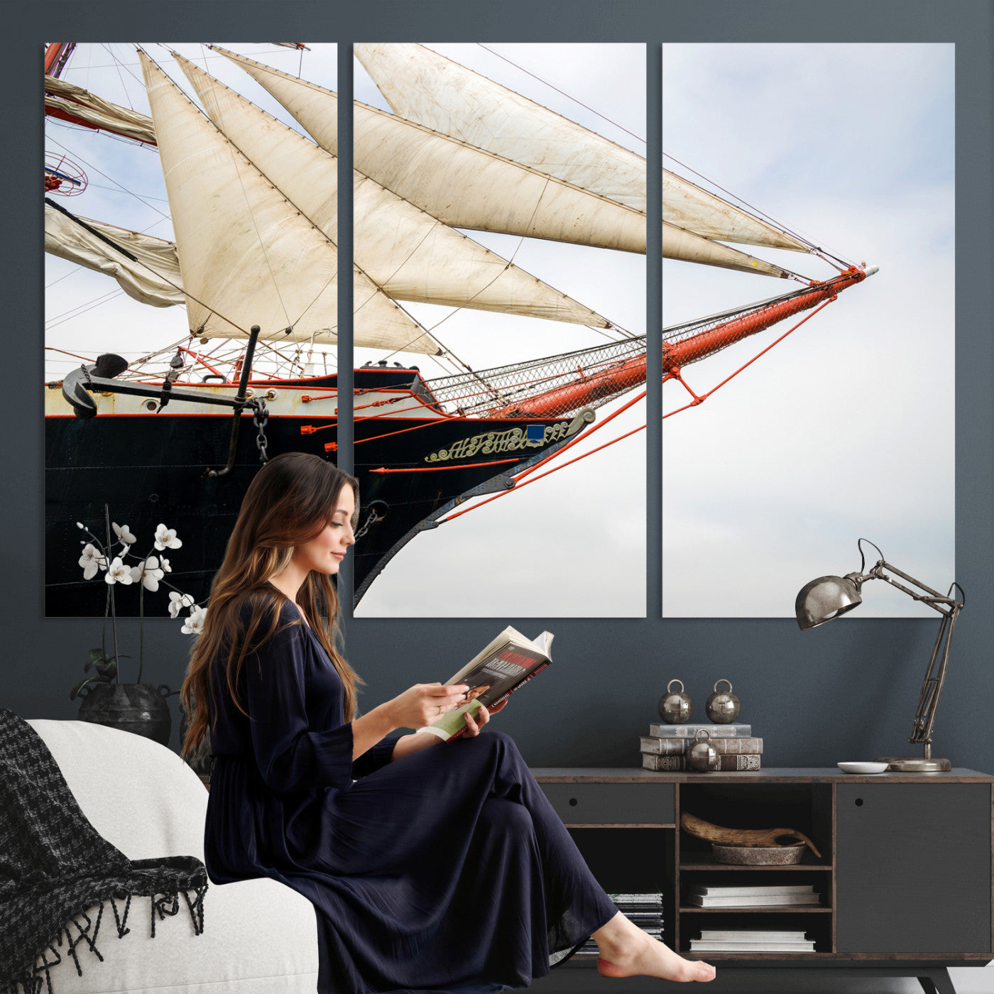 64830036-MGV-CV-36X24 - Sailboat Wall Art Canvas Print, Vintage Ship Bow Framed Artwork, Nautical Sailing Decor for Living Room Office Beach House