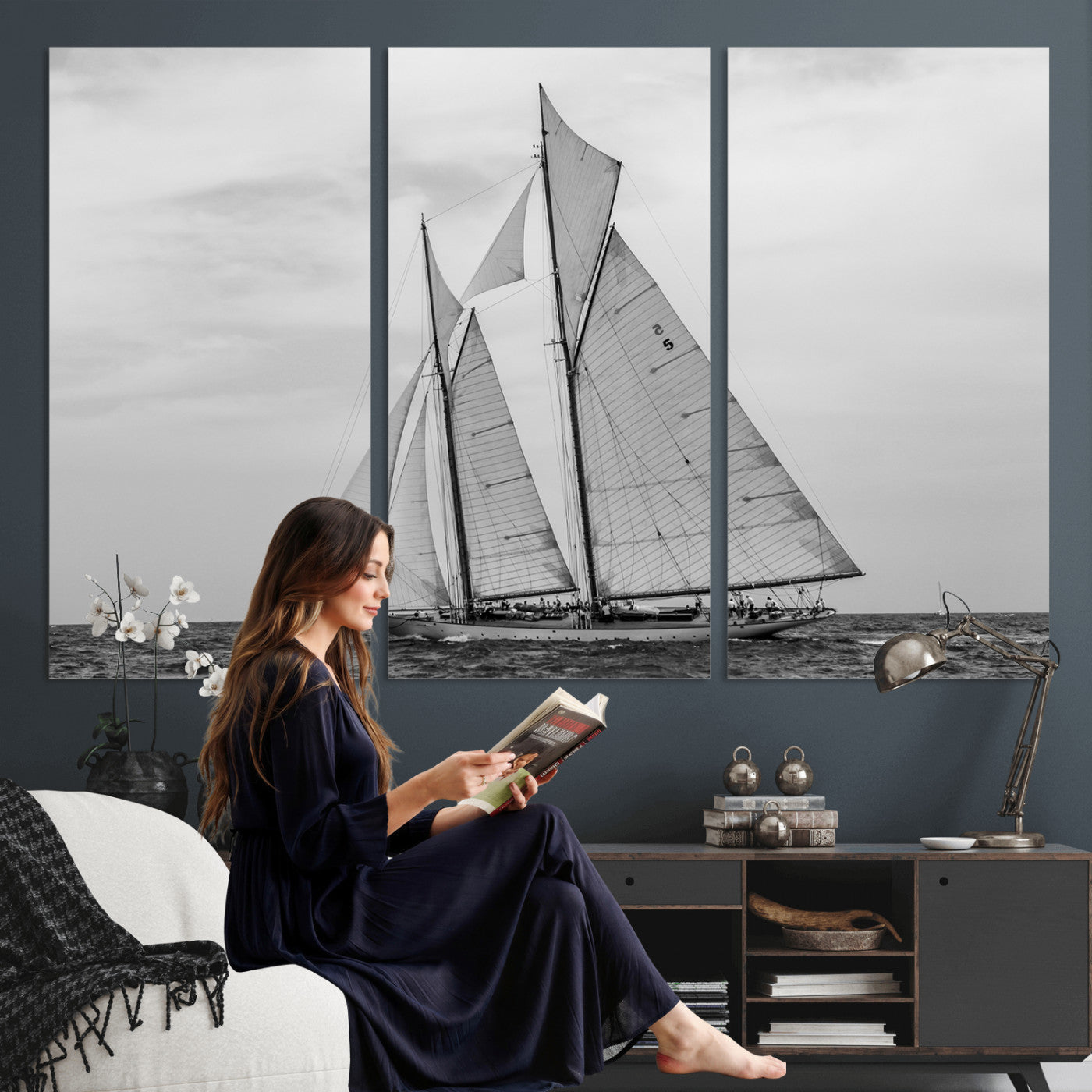 52882918-MGV-CV-36X24 - Vintage Sailboat Wall Art Canvas Print, Black and White Schooner Framed Artwork, Nautical Ocean Sailing Decor for Living Room Office Beach House