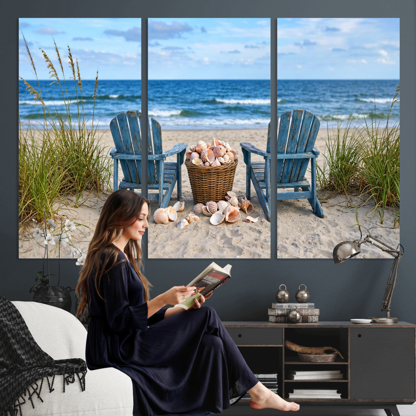 80268829-MGV-CV-36X24 - Large Beach Canvas Wall Art Coastal Adirondack Chairs Ocean Seashells Blue Nautical Framed Large for Living Room Bedroom Bathroom Decor