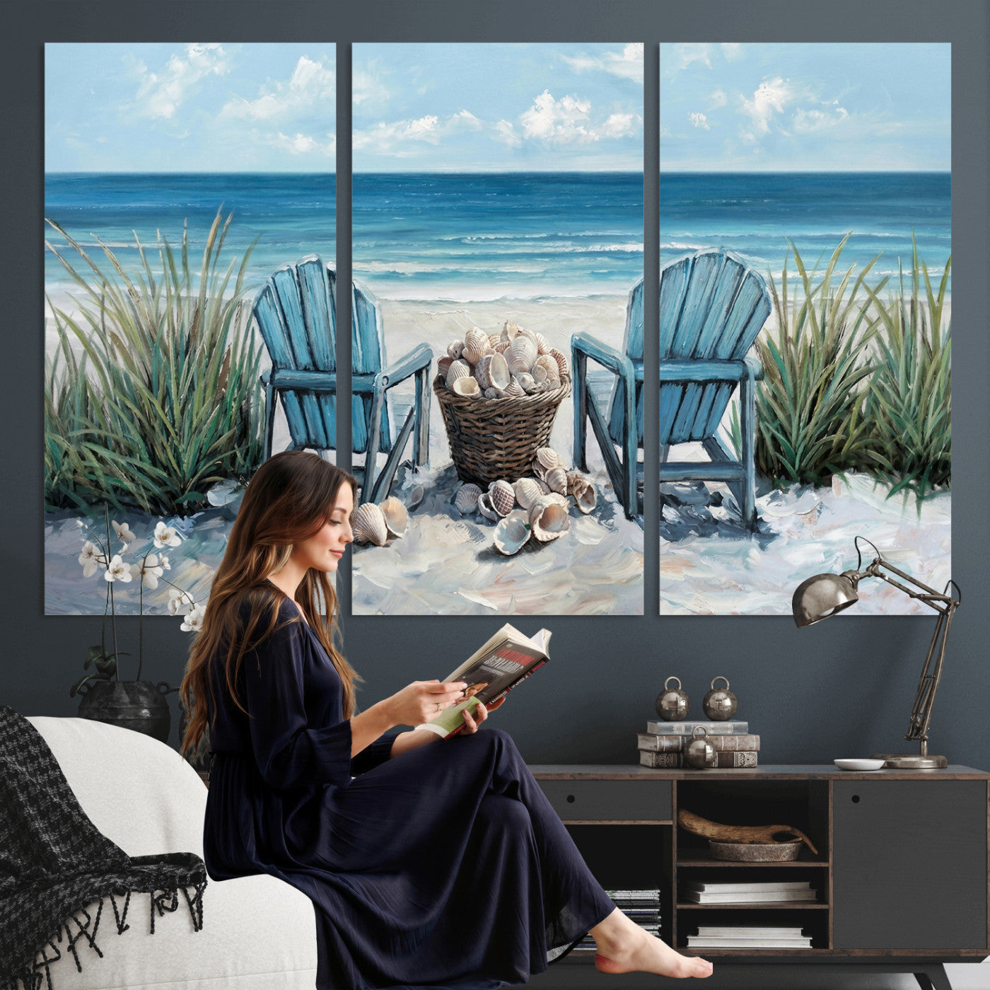 11973028-MGV-CV-36X24 - Beach Canvas Wall Art Coastal Adirondack Chairs Ocean Seashells Blue Nautical Framed Large for Living Room Bedroom Bathroom Decor