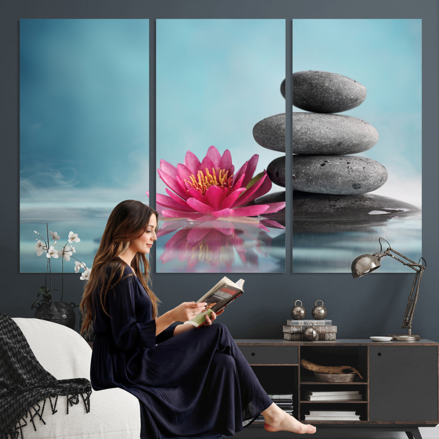84293154-MGV-CV-36X24 - Zen Canvas Wall Art Lotus Flower Stacked Stones Teal Spa Meditation Relaxation Framed Large for Bathroom Bedroom Living Room Office Decor
