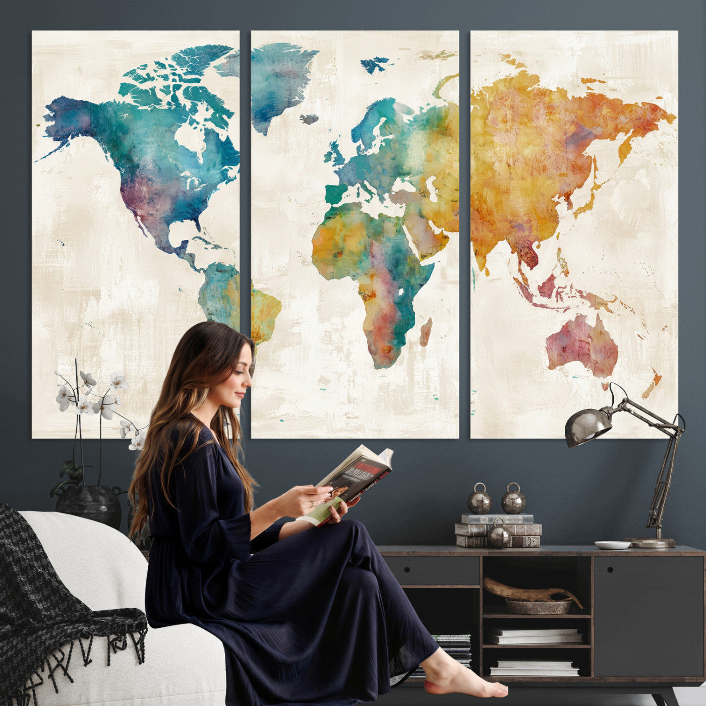 56556018-MGV-CV-36X24 - Watercolor World Map Canvas Wall Art Print – Abstract Colorful Travel Wall Decor
