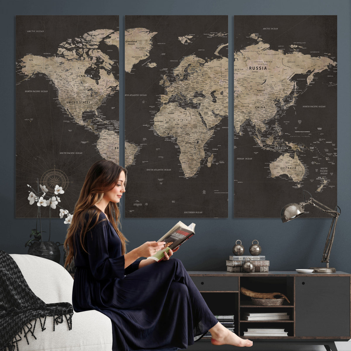 56556018136-MGV-CV-36X24 - World Map Canvas Wall Art, Dark Charcoal and Antique Tan Detailed Map