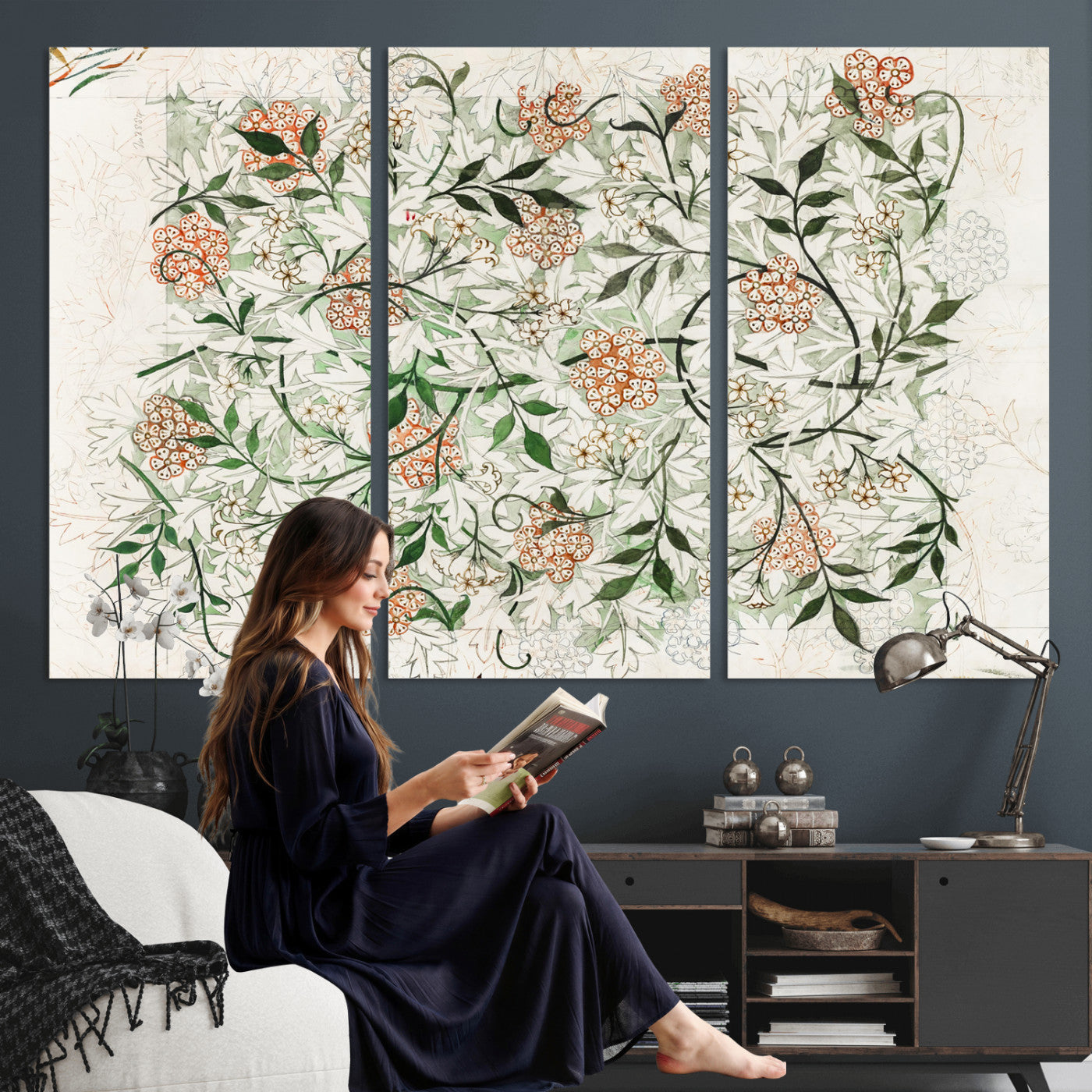 17622011W-MGV-CV-36X24 - William Morris Jasmine Flower Wall Art Canvas Print, Botanical Floral Canvas Print, Vintage Cottagecore Wall Decor, Framed Nature Artwork Ready to Hang