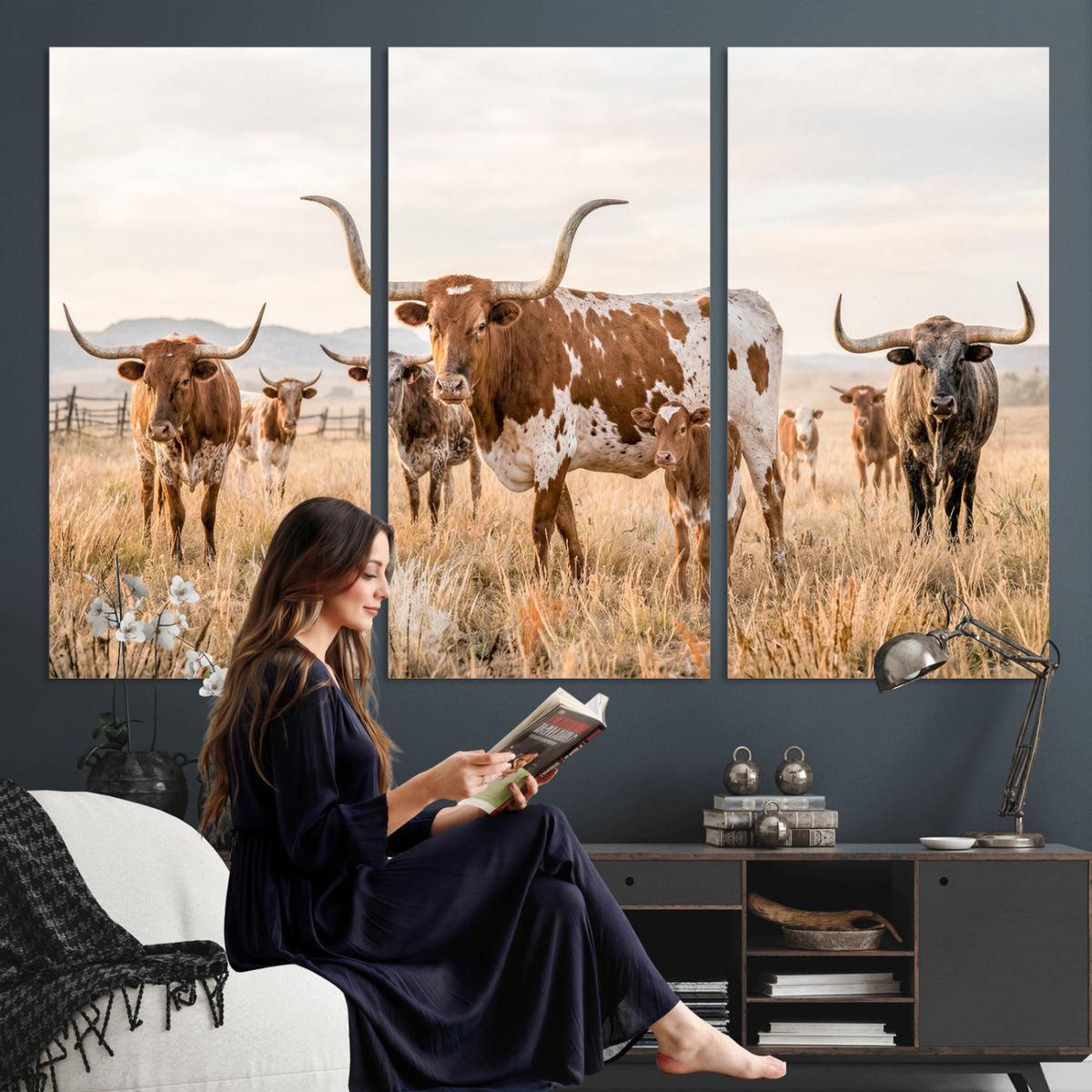 62336425AC-MGV-CV-36X24 - Texas Longhorn Canvas Wall Art, Rustic Farm Animal Photography Print, Farmhouse Country Decor, Western Ranch Art