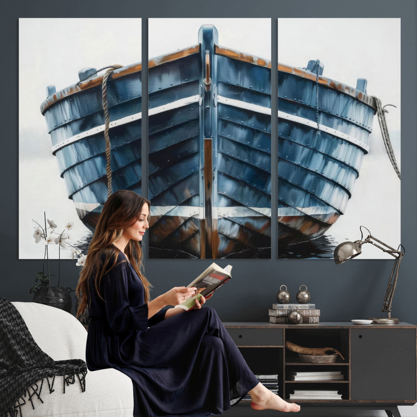 21601740-MGV-CV-36X24 - Blue Wooden Rowboat Canvas Wall Art, Coastal Nautical Boat Painting Print for Lake Beach House Decor, Minimalist Maritime Decor Artwork
