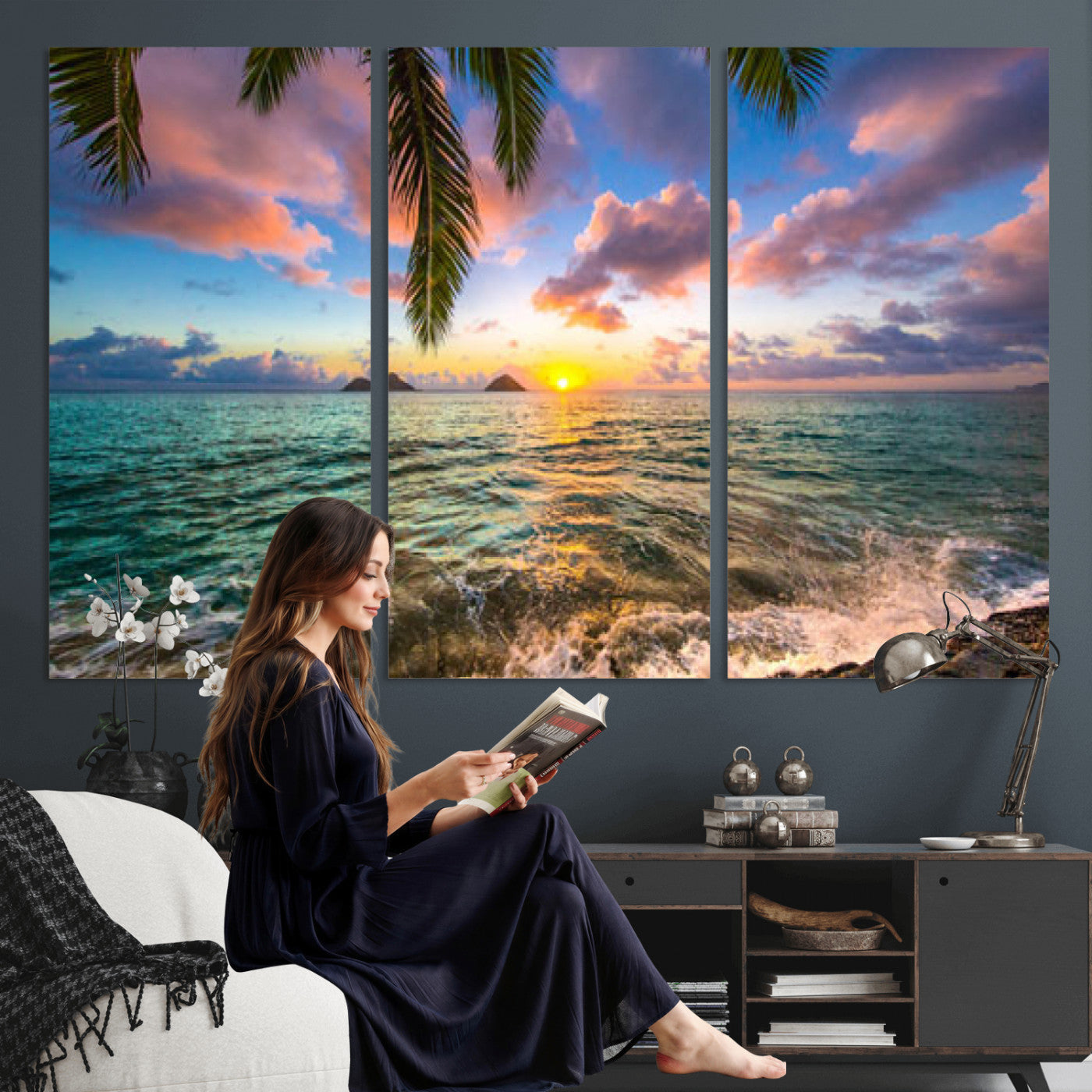 13207742-MGV-CV-36X24 - Hawaii Beach Sunset Canvas Wall Art Print, Tropical Ocean Landscape Artwork, Palm Tree Coastal Decor for Living Room Bedroom