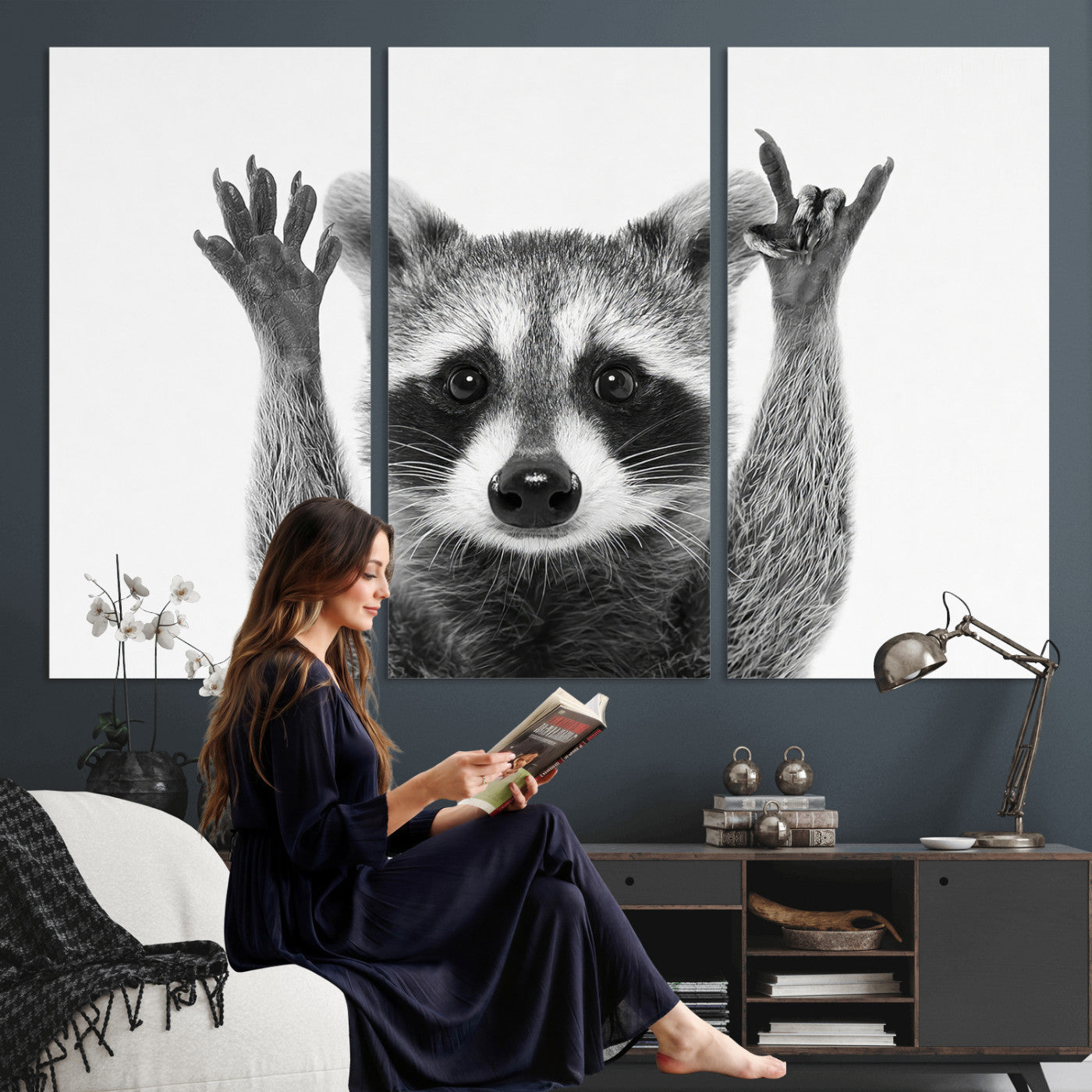 82392228-MGV-CV-36X24 - Funny Raccoon Canvas Wall Art, Black White Hands Up Animal Photo Print, Humorous Wildlife Decor, Kids Room Nursery Art, Quirky Animal Gift