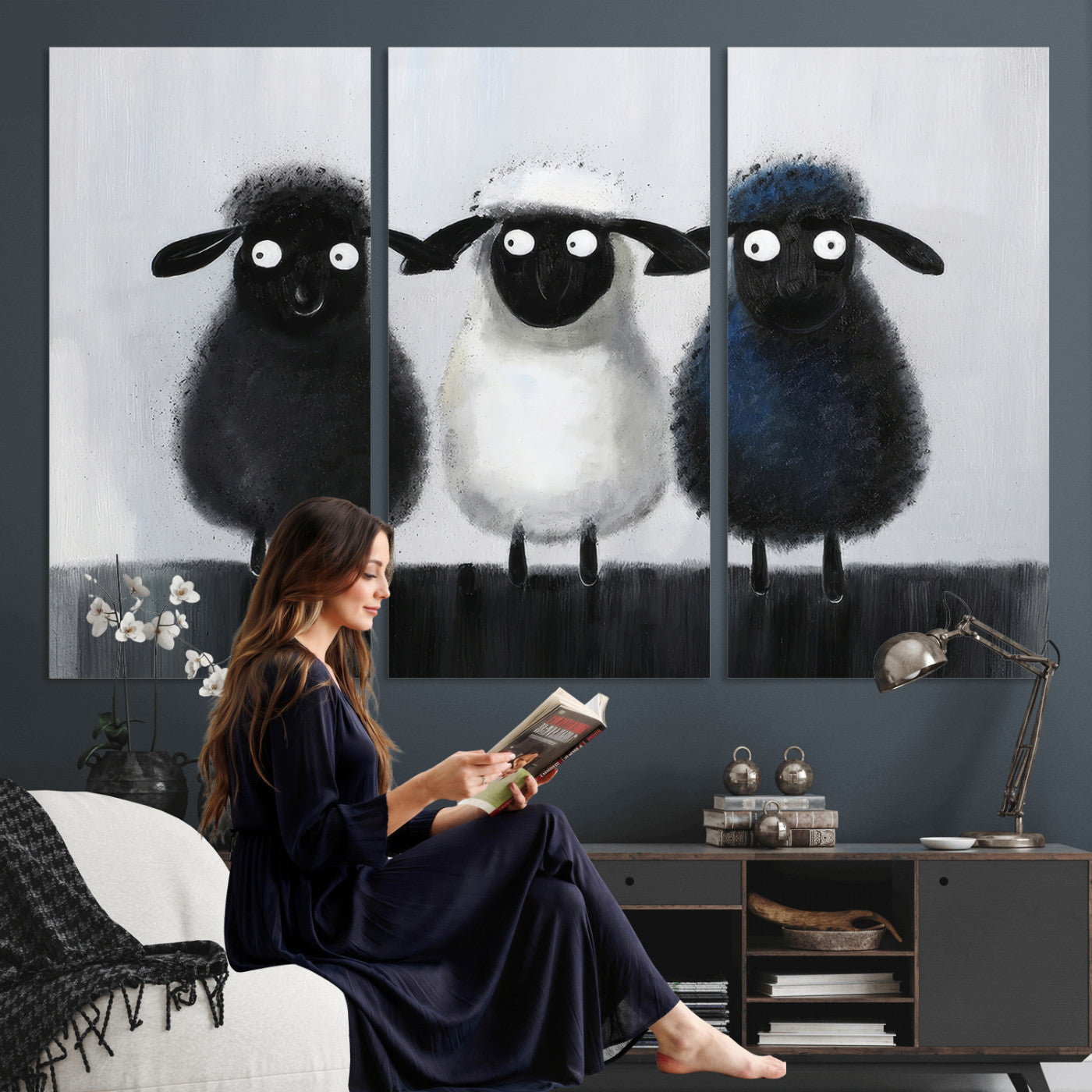 45650028-MGV-CV-36X24 - Funny Sheep Canvas Wall Art, Three Quirky Sheep Painting Print, Cute Animal Nursery Decor, Black White Navy Farmhouse Art, Kids Room Gift
