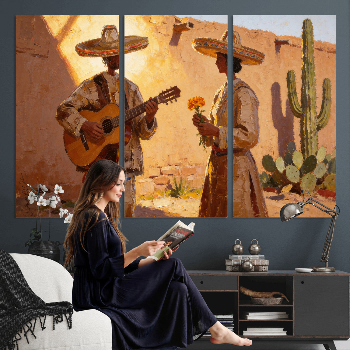 41849005-MGV-CV-36X24 - Mexican Couple Canvas Wall Art, Romantic Serenade Guitar Painting Print, Southwestern Desert Adobe Decor, Warm Golden Folk Art, Living Room Art