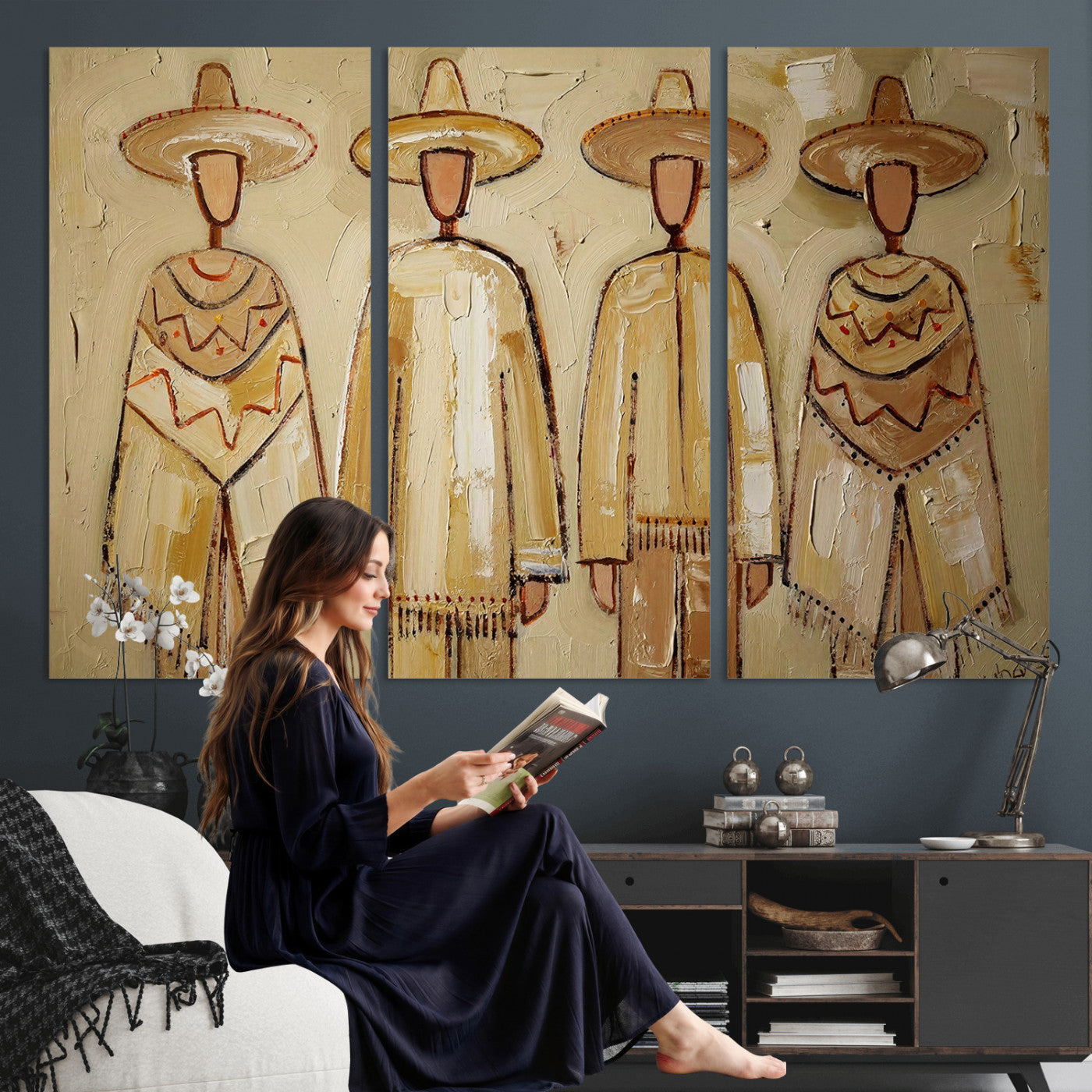 46071653-MGV-CV-36X24 - Mexican Folk Art Canvas Wall Art, Charro Poncho Sombrero Painting Print, Neutral Beige Boho Decor, Southwestern Impasto Style, Living Room Art