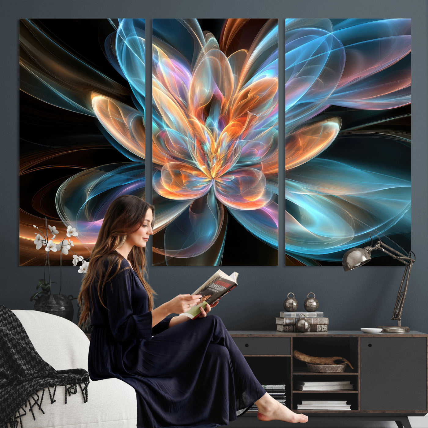 91902283-MGV-CV-36X24 - Fractal Lotus Canvas Wall Art, Blue Orange Glowing Flower Abstract Print, Modern Zen Meditation Room Decor, Ethereal Digital Art, Living Room