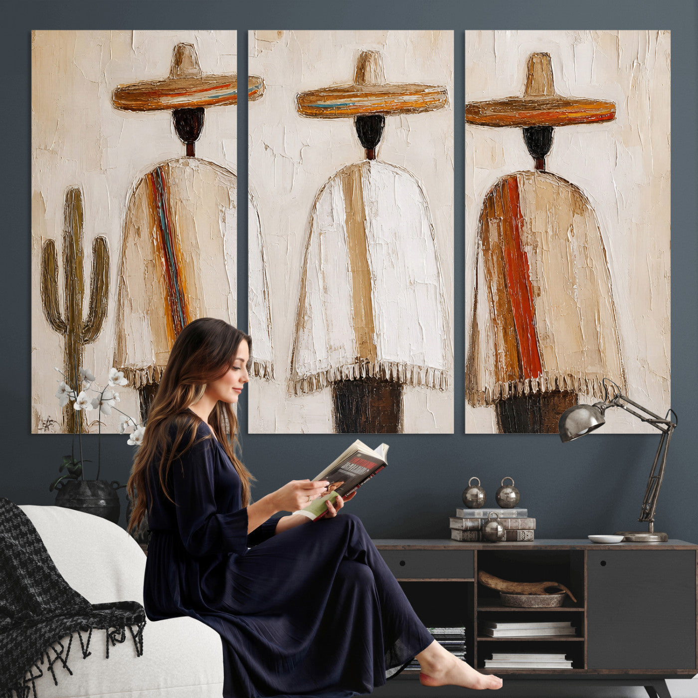 72884785-MGV-CV-36X24 - Mexican Folk Art Canvas Wall Art, Southwestern Sombrero Poncho Painting, Neutral Earthy Boho Decor, Fiesta Living Room Art, Impasto Style Print