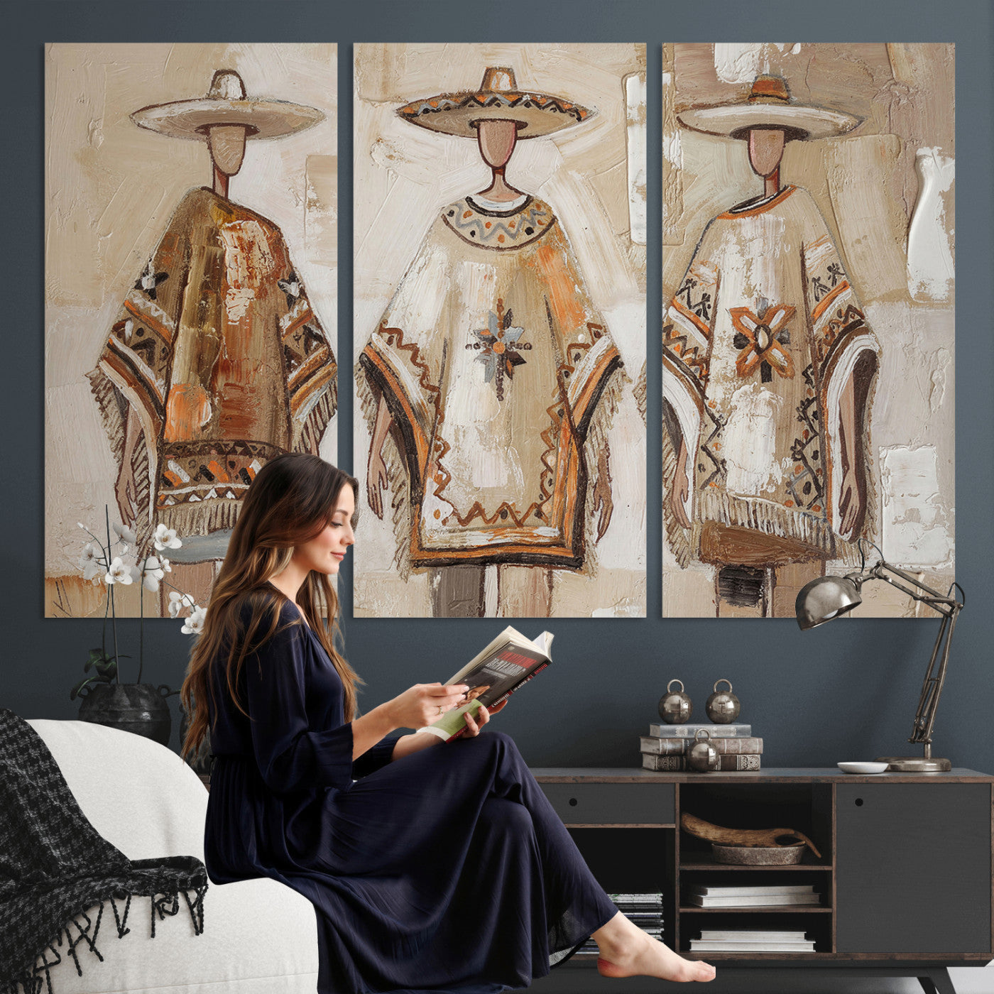 85373290-MGV-CV-36X24 - Mexican Folk Art Canvas Wall Art, Charro Poncho Sombrero Painting Print, Neutral Beige Boho Decor, Southwestern Impasto Style, Living Room Art