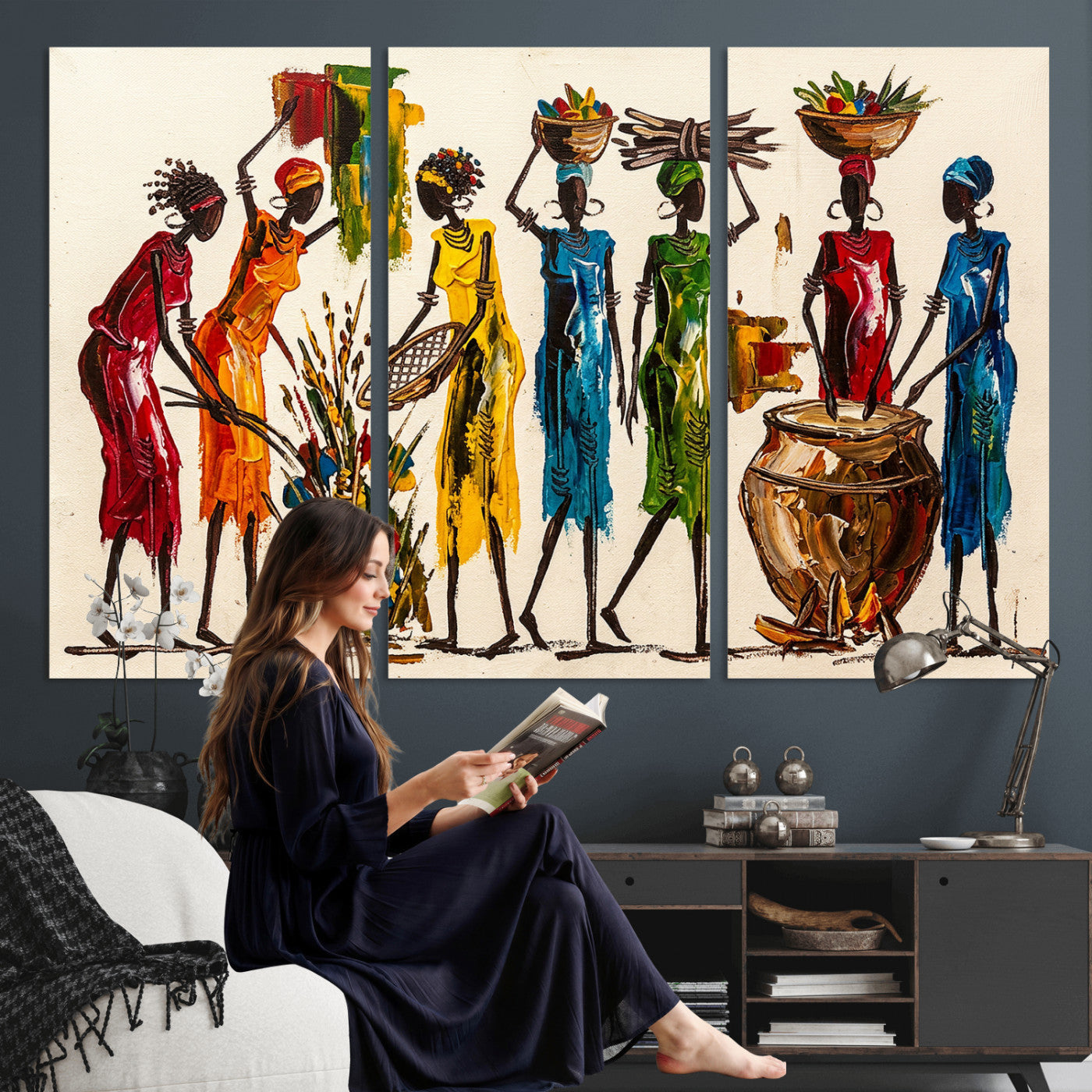 83463154-MGV-CV-36X24 - African Folk Art Canvas Wall Art, Colorful African Women Village Painting Print, Tribal Ethnic Home Decor, Vibrant African Art, Living Room
