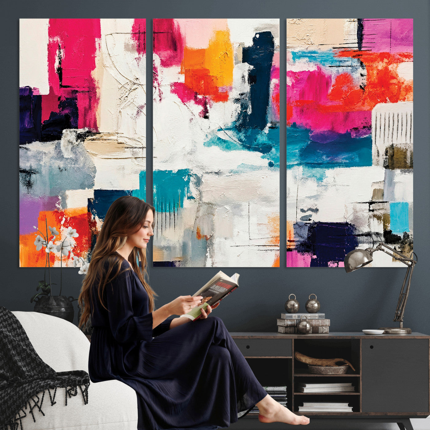 57864023-MGV-CV-36X24 - Blue Teal Abstract Canvas Wall Art | Modern Textured Painting Print, Navy Orange White Contemporary Art, Neutral Living Room Decor, Office Art