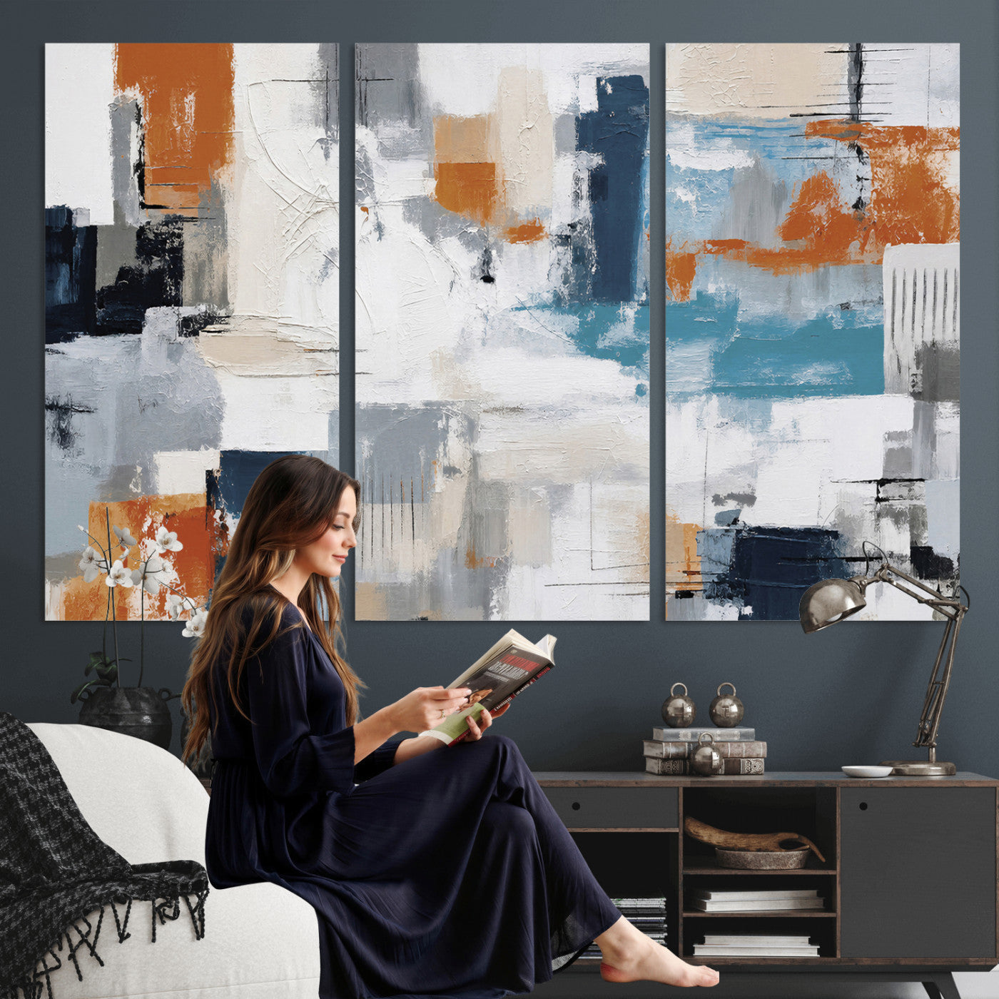 44950303-MGV-CV-36X24 - Blue Teal Abstract Canvas Wall Art, Modern Textured Painting Print, Navy Orange White Contemporary Art, Neutral Living Room Decor, Office Art