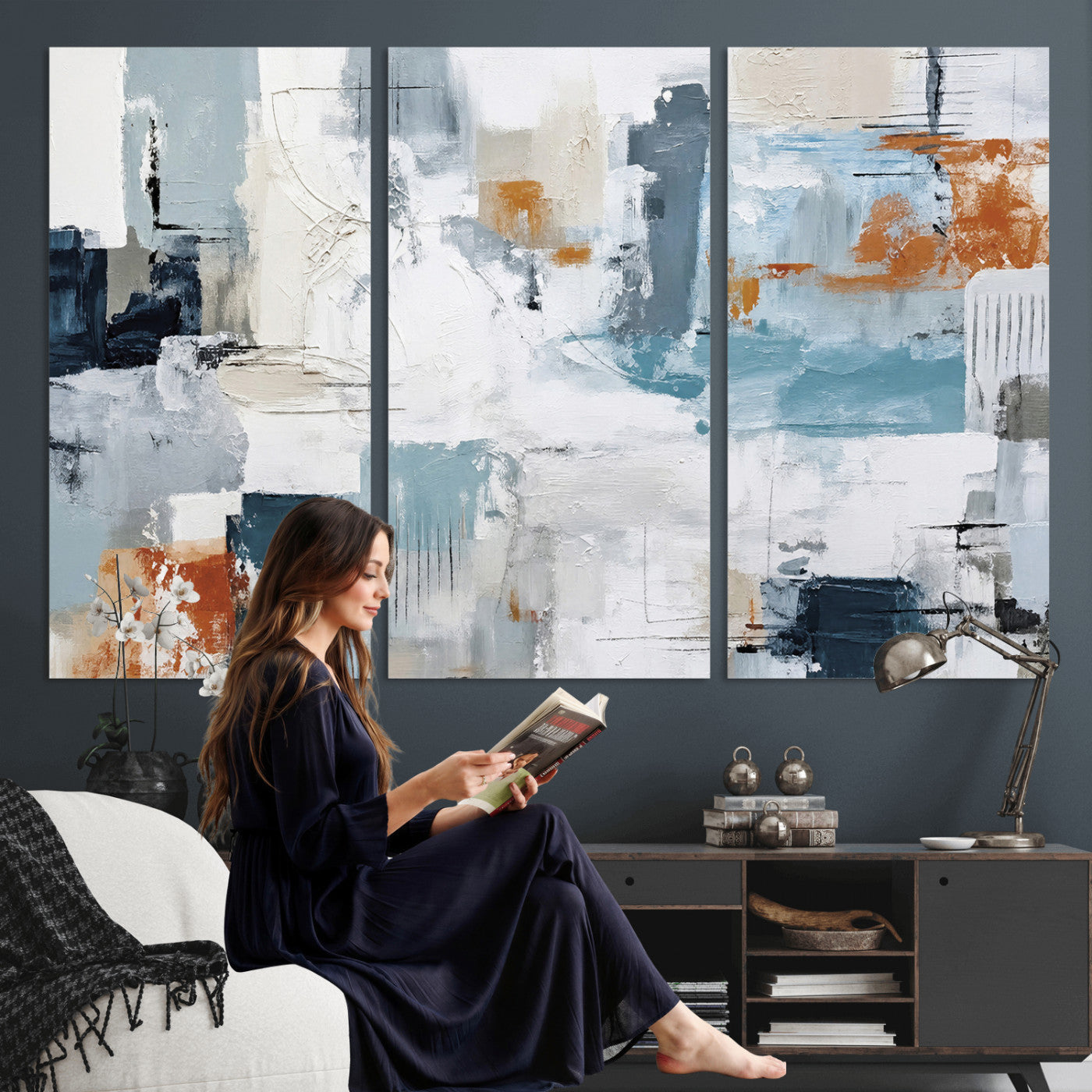 98638479-MGV-CV-36X24 - Blue Teal Abstract Canvas Wall Art, Modern Textured Painting Print, Navy Orange White Contemporary Art, Neutral Living Room Decor, Office Art