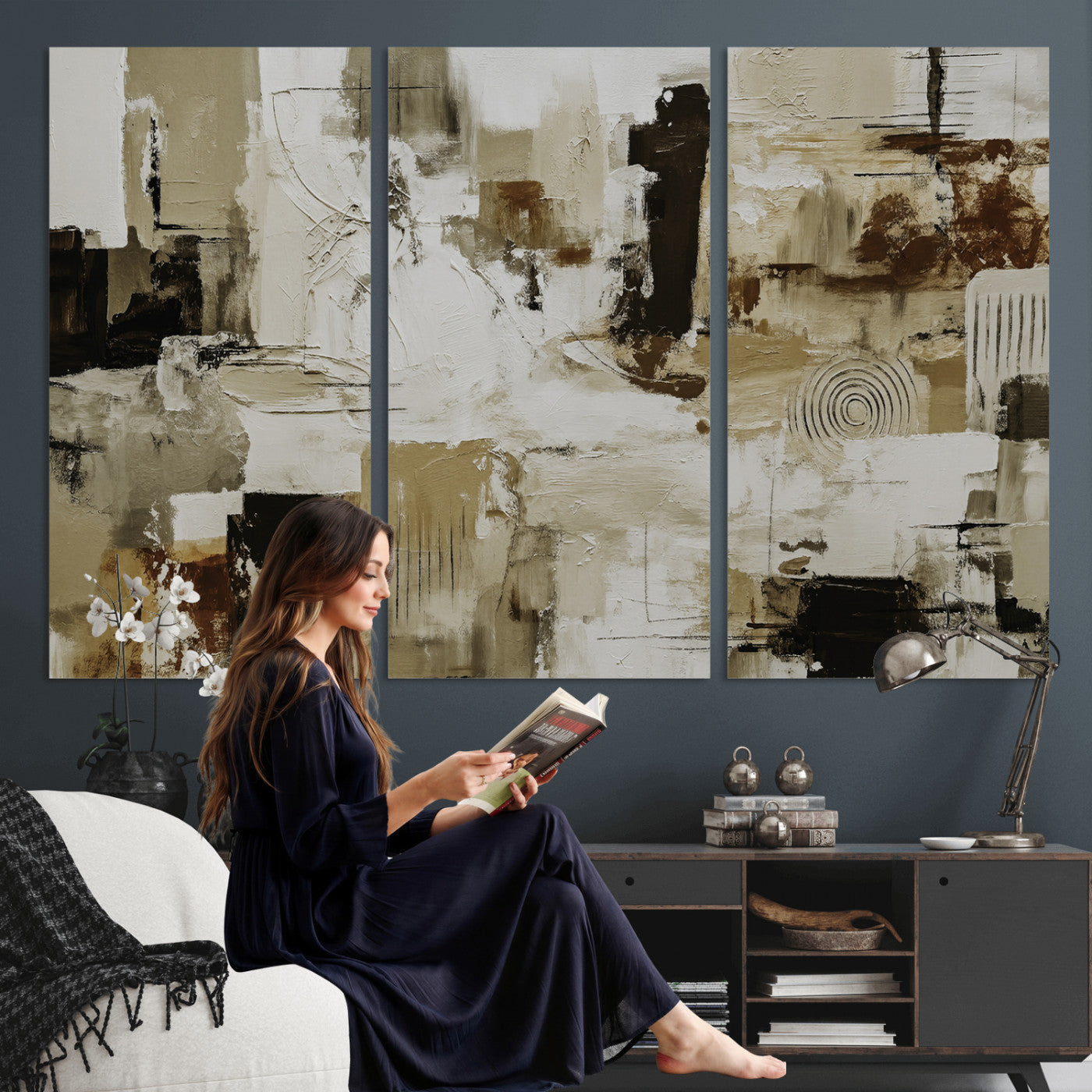 15668286-MGV-CV-36X24 - Blue Teal Abstract Canvas Wall Art, Modern Textured Painting Print, Navy Orange White Contemporary Art, Neutral Living Room Decor, Office Art