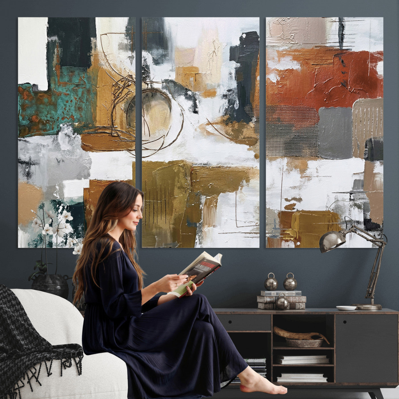 50720312-MGV-CV-36X24 - Blue Teal Abstract Canvas Wall Art, Modern Textured Painting Print, Navy Orange White Contemporary Art, Neutral Living Room Decor, Office Art