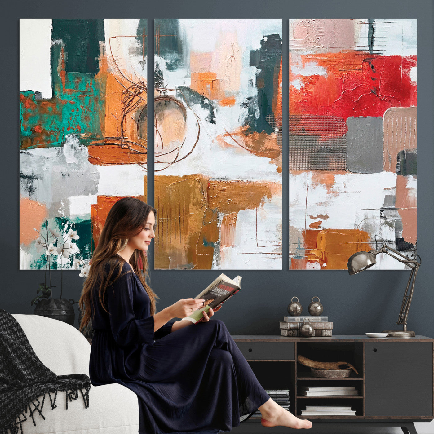 50720312-MGV-CV-36X24 - Blue Teal Abstract Canvas Wall Art | Modern Textured Painting Print, Navy Orange White Contemporary Art, Neutral Living Room Decor, Office Art.