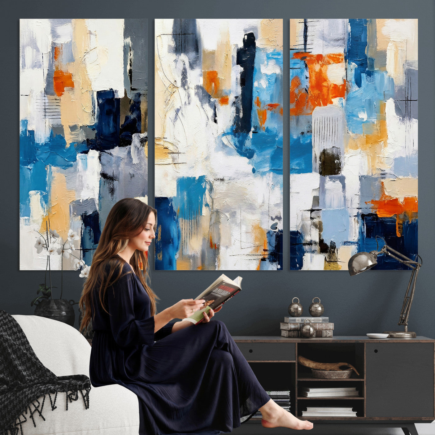 83915061-MGV-CV-36X24 - Blue Teal Abstract Canvas Wall Art, Modern Textured Painting Print, Navy Orange White Contemporary Art, Neutral Living Room Decor, Office Art
