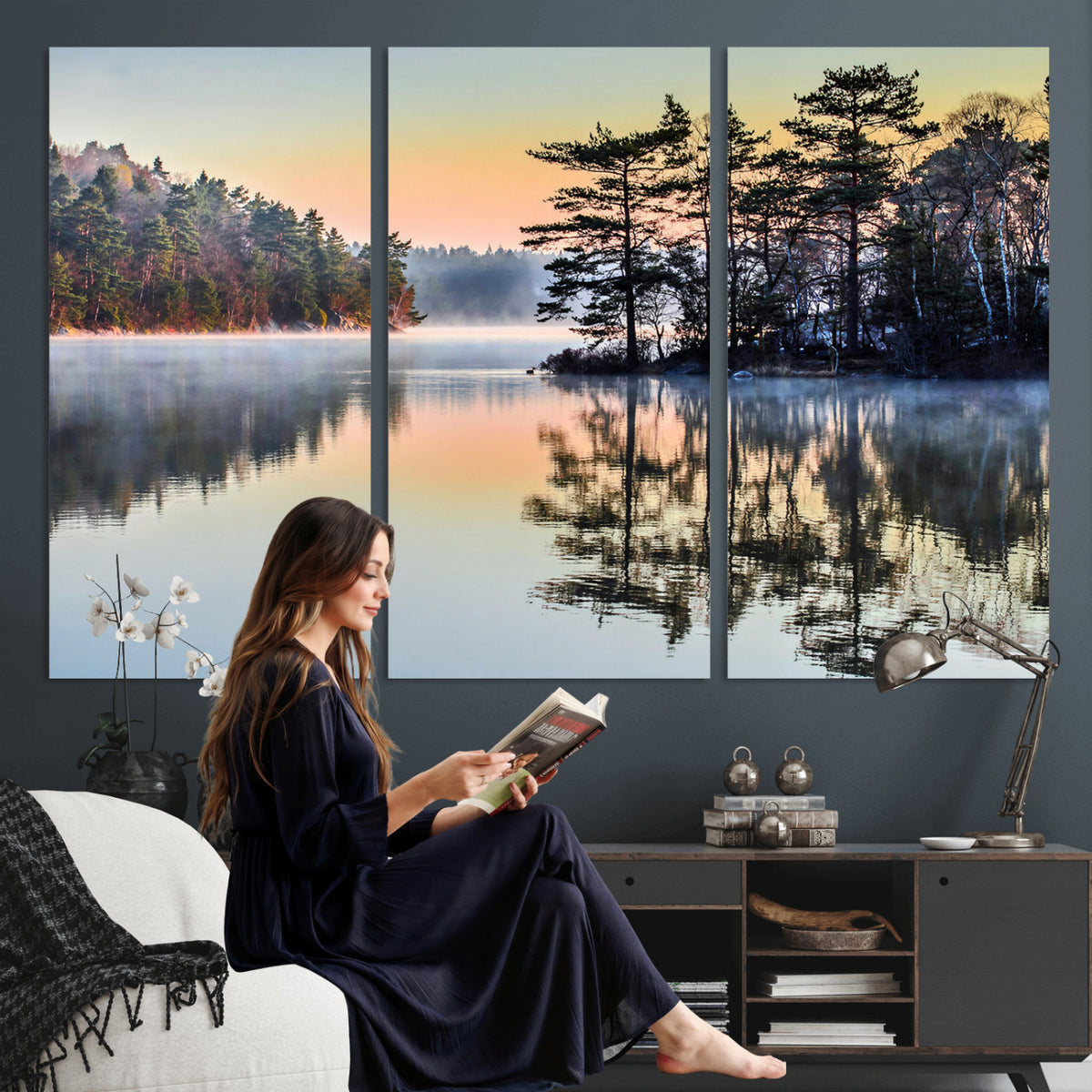 34236027-MGV-CV-36X24 - Before People Wake Canvas Wall Art Print, Misty Lake Sunrise Landscape, Forest Reflection Nature Decor, Ready to Hang