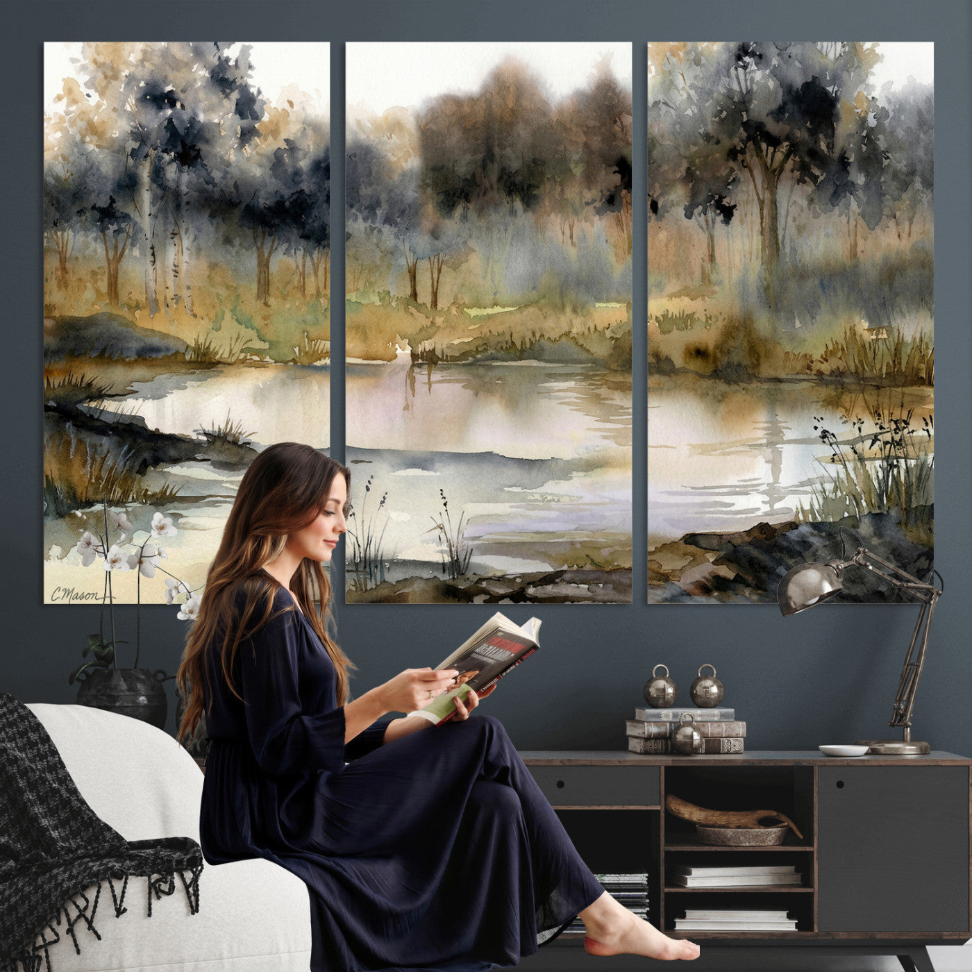 27383609-MGV-CV-36X24 - Abstract Watercolor Autumn Lake Canvas Wall Art Print - Misty Forest Landscape, Rustic Nature Painting, Cabin Wall Decor - Ready to Hang