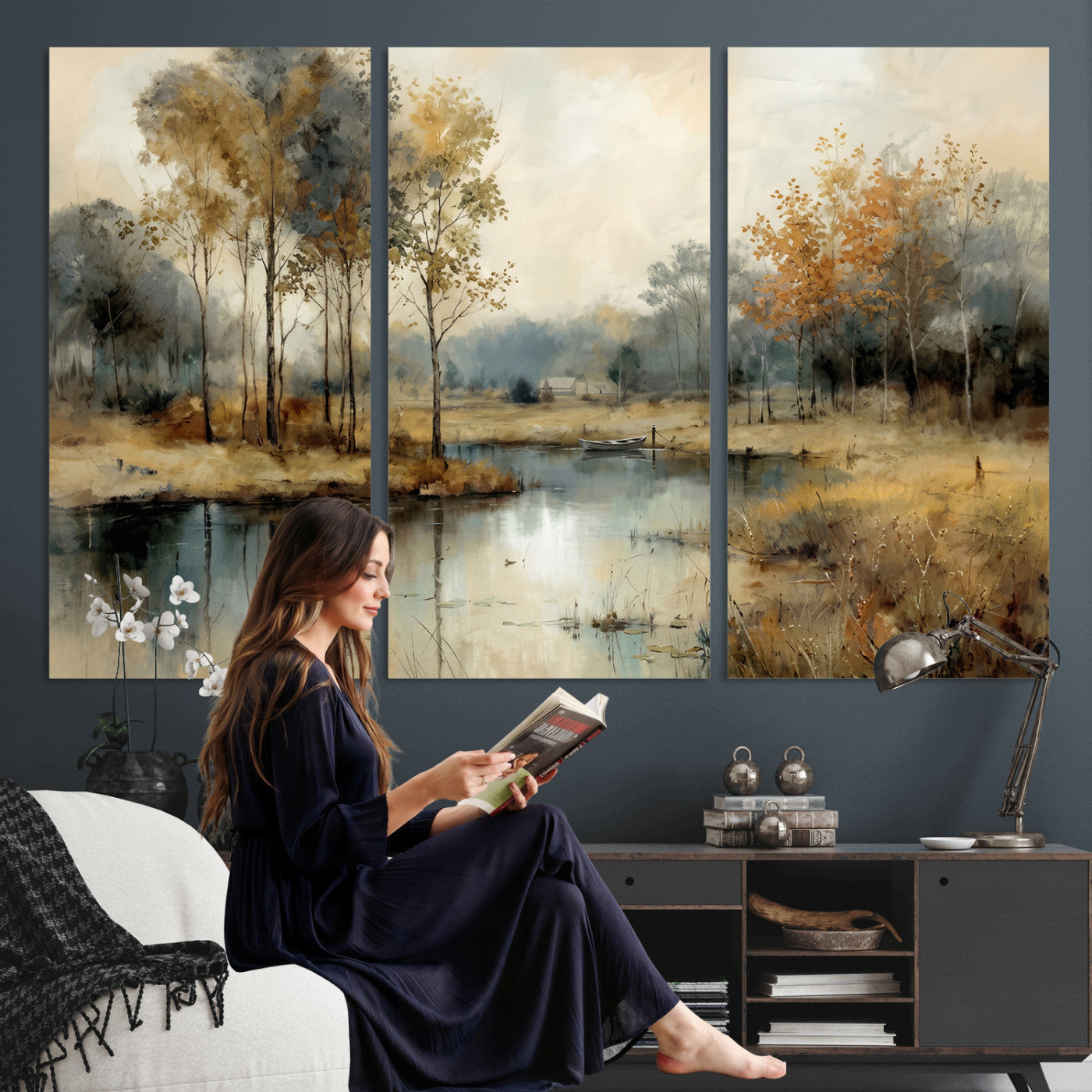 74391095-MGV-CV-36X24 - Abstract WatercolorAutumn Lake Canvas Wall Art Print, Misty Forest Landscape, Rustic Nature Painting, Cabin Wall Decor | Ready to Hang
