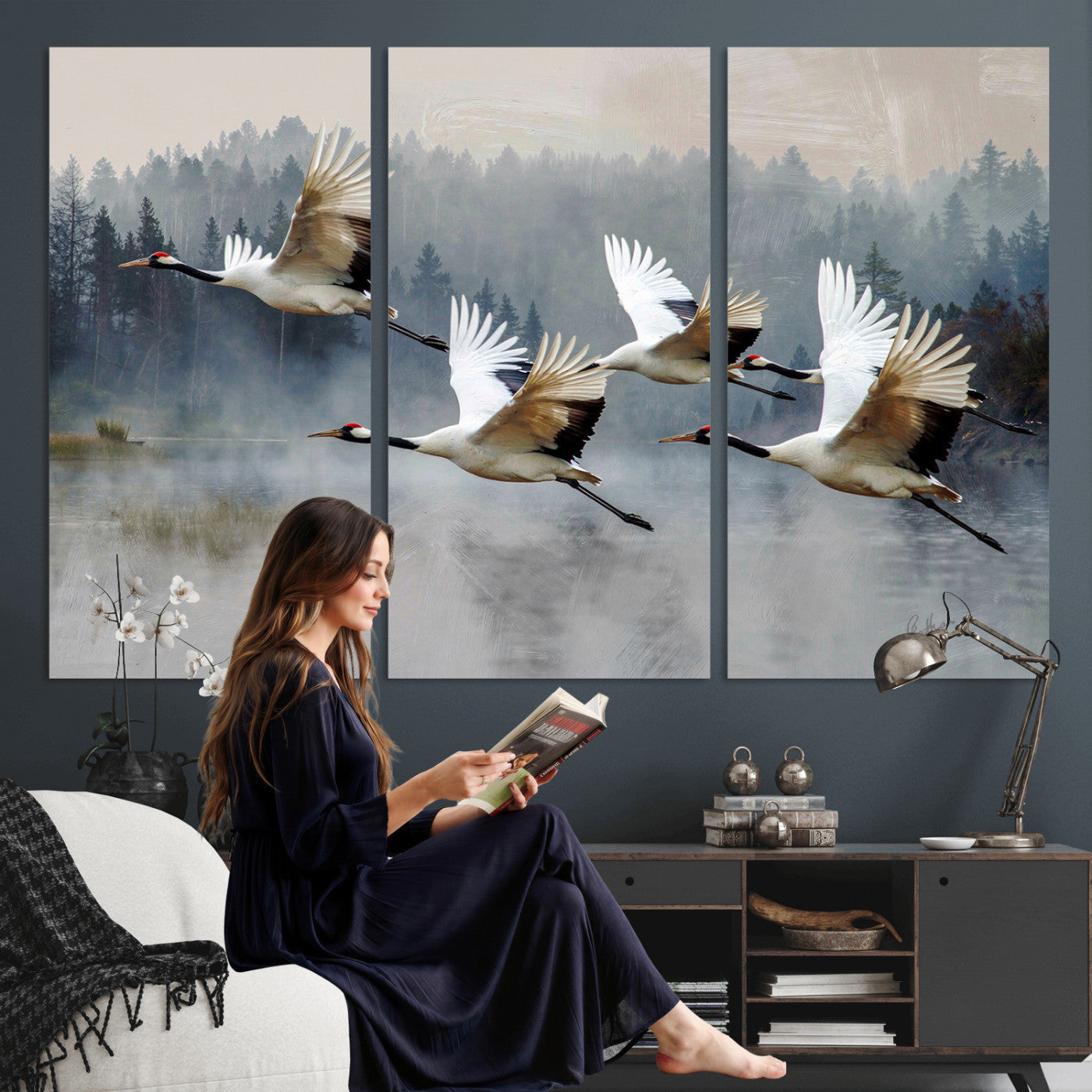 24356826-MGV-CV-36X24 - Flying Crane Canvas Wall Art Print, White Crane Bird Artwork, Wildlife Nature Decor, Lake Landscape Canvas - Ready to Hang