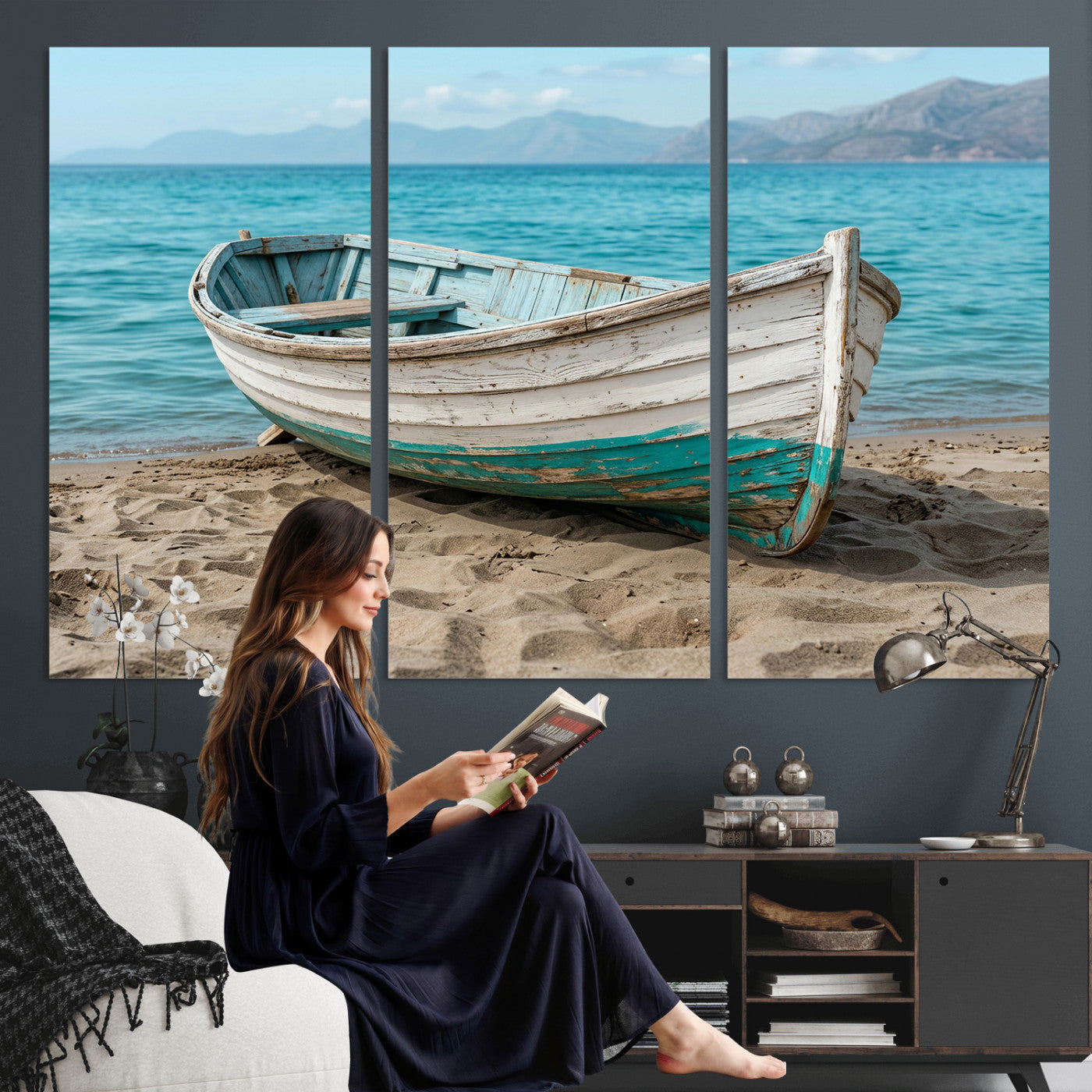 49963709-MGV-CV-36X24 - Coastal Boat Canvas Wall Art Print, Beach Boat Painting, Nautical Ocean Decor, Seascape Wall Art, Ready to Hang