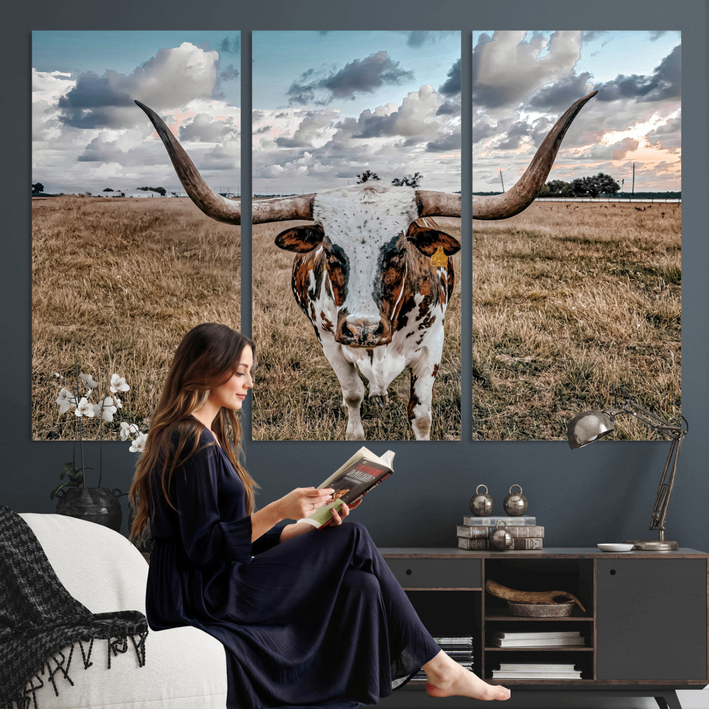 17464823-MGV-CV-36X24 - Texas Longhorn Canvas Wall Art Print, Western Cow Photography, Rustic Ranch Decor, Farmhouse Wall Art, Ready to Hang