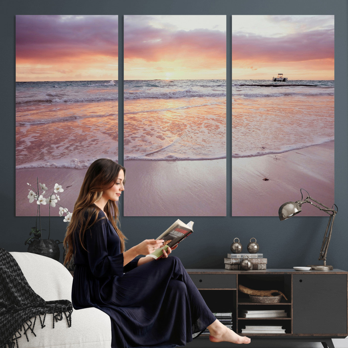 44765395-MGV-CV-36X24 - Beach Sunset Canvas Wall Art Print, Ocean Waves Landscape, Coastal Photography, Seascape Wall Decor, Ready to Hang