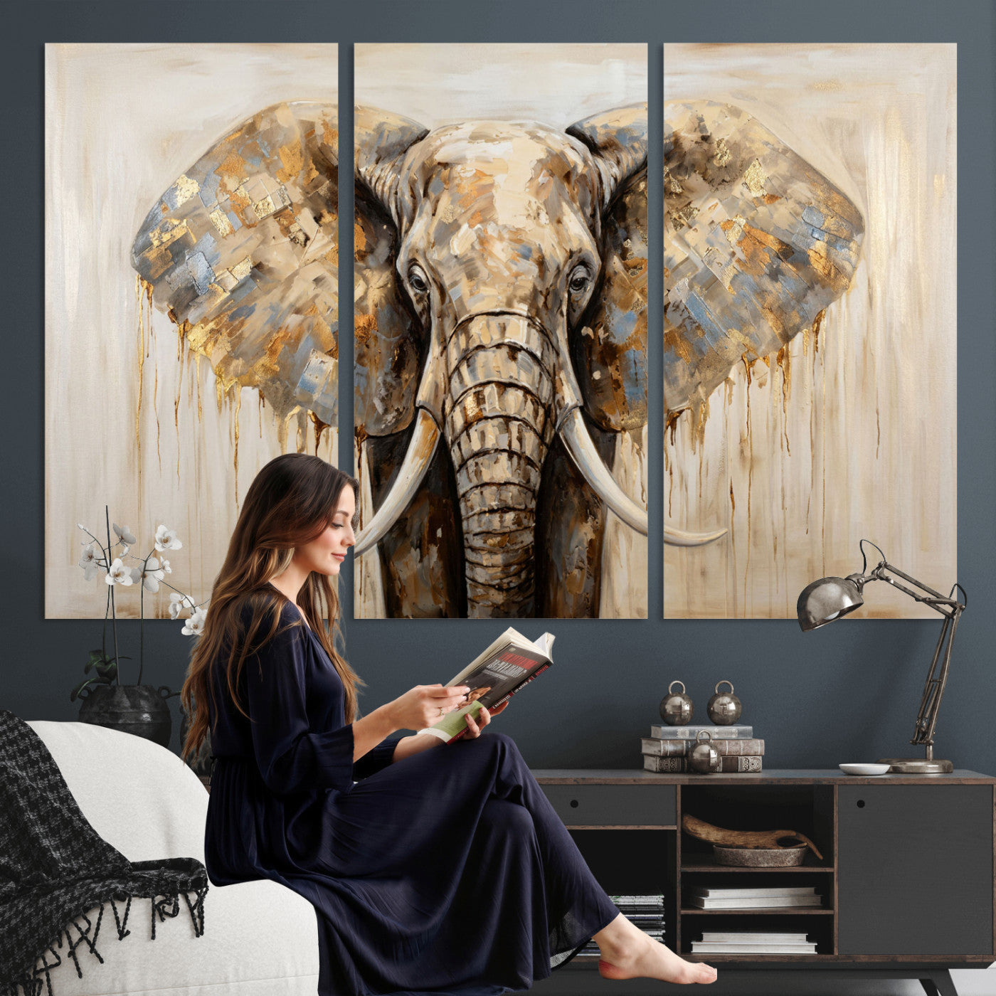 95819221-MGV-CV-36X24 - Gold Leaf Elephant Canvas Wall Art Abstract African Wildlife Painting Print