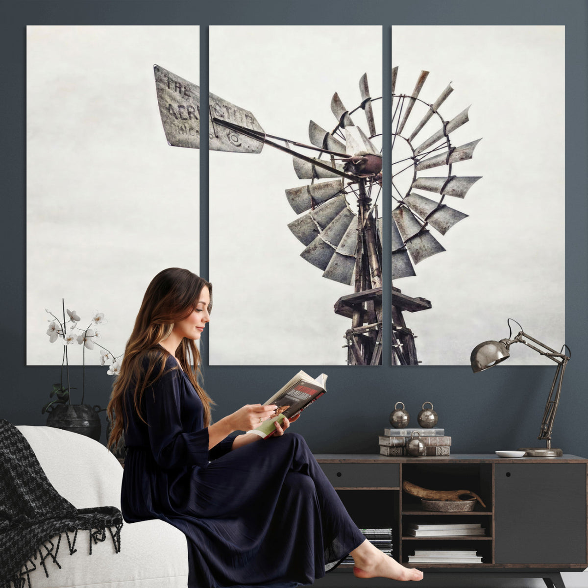 63200638-MGV-TP-30X20 - Vintage Rustic Farmhouse Windmill Canvas Wall Art - Western Country Landscape Print