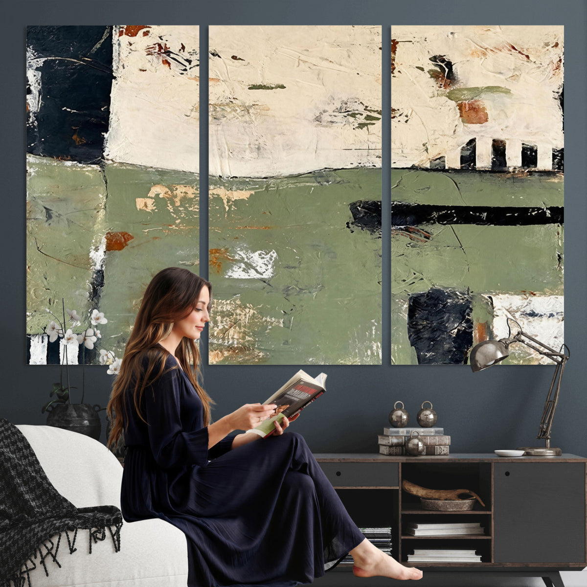 77942087-MGV-CV-36X24 - Sage Green Abstract Geometric Landscape Wall Art Canvas Print, Modern Minimalist Decor