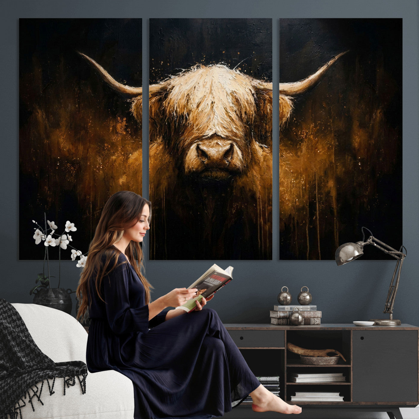 79873059-MGV-CV-36X24 - Rustic Highland Cow Canvas Print Dark Farmhouse Cattle Wall Decor