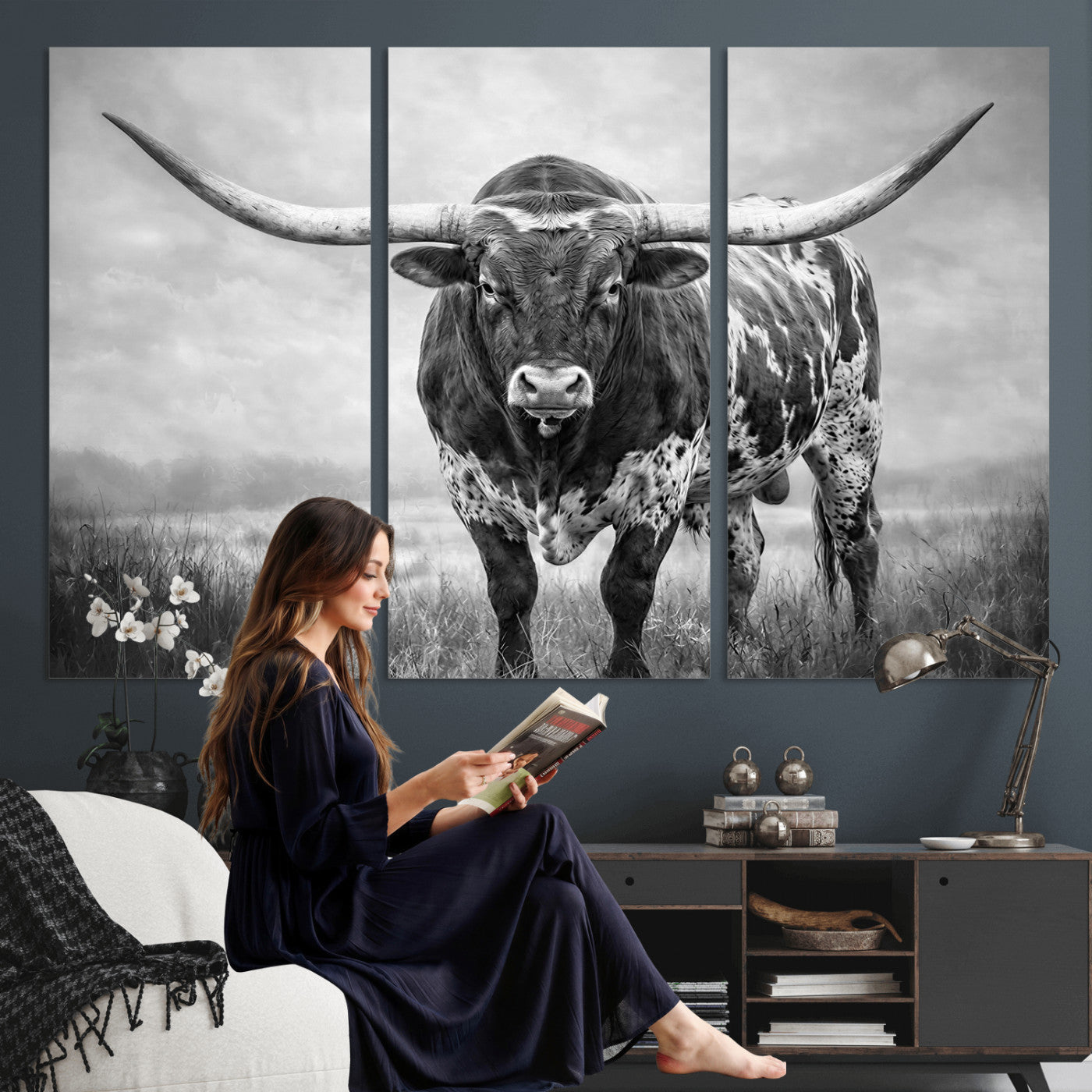 11121585-MGV-CV-36X24 - Texas Bull Wall Art Canvas Print for Farmhouse Restaurant Wall Decor